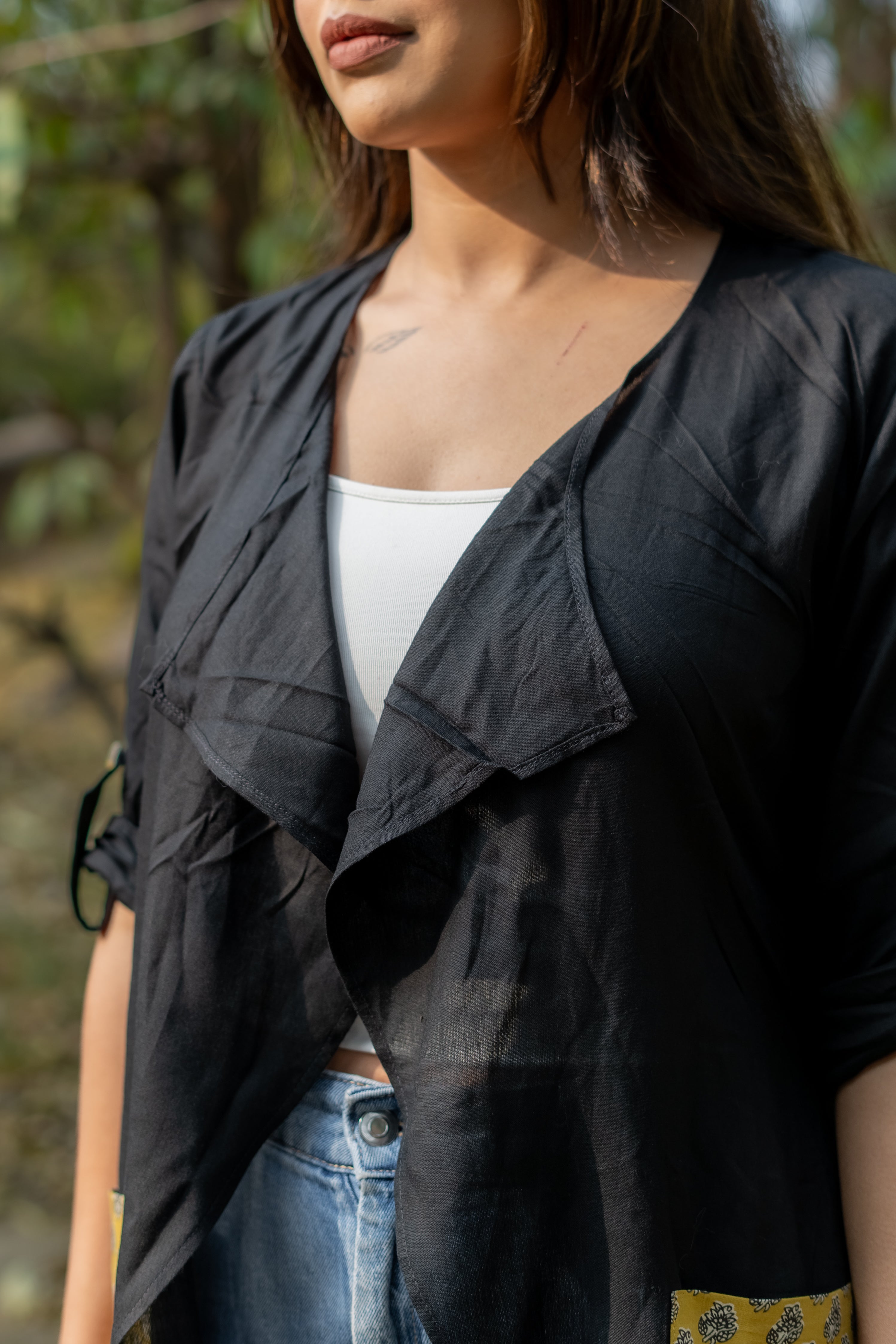 Black rayon cotton shrug with bagru handblock pockets