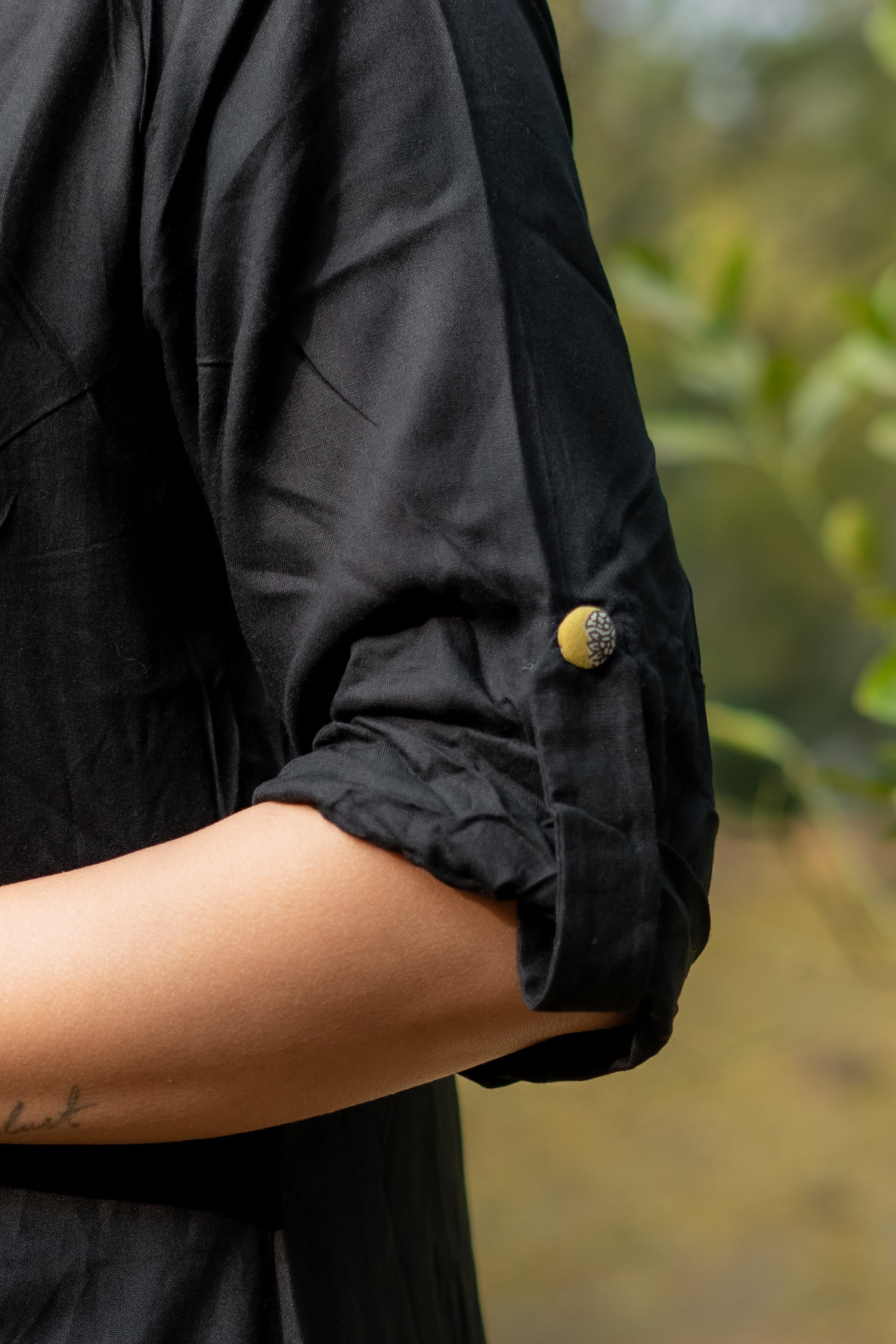 Black rayon cotton shrug with bagru handblock pockets