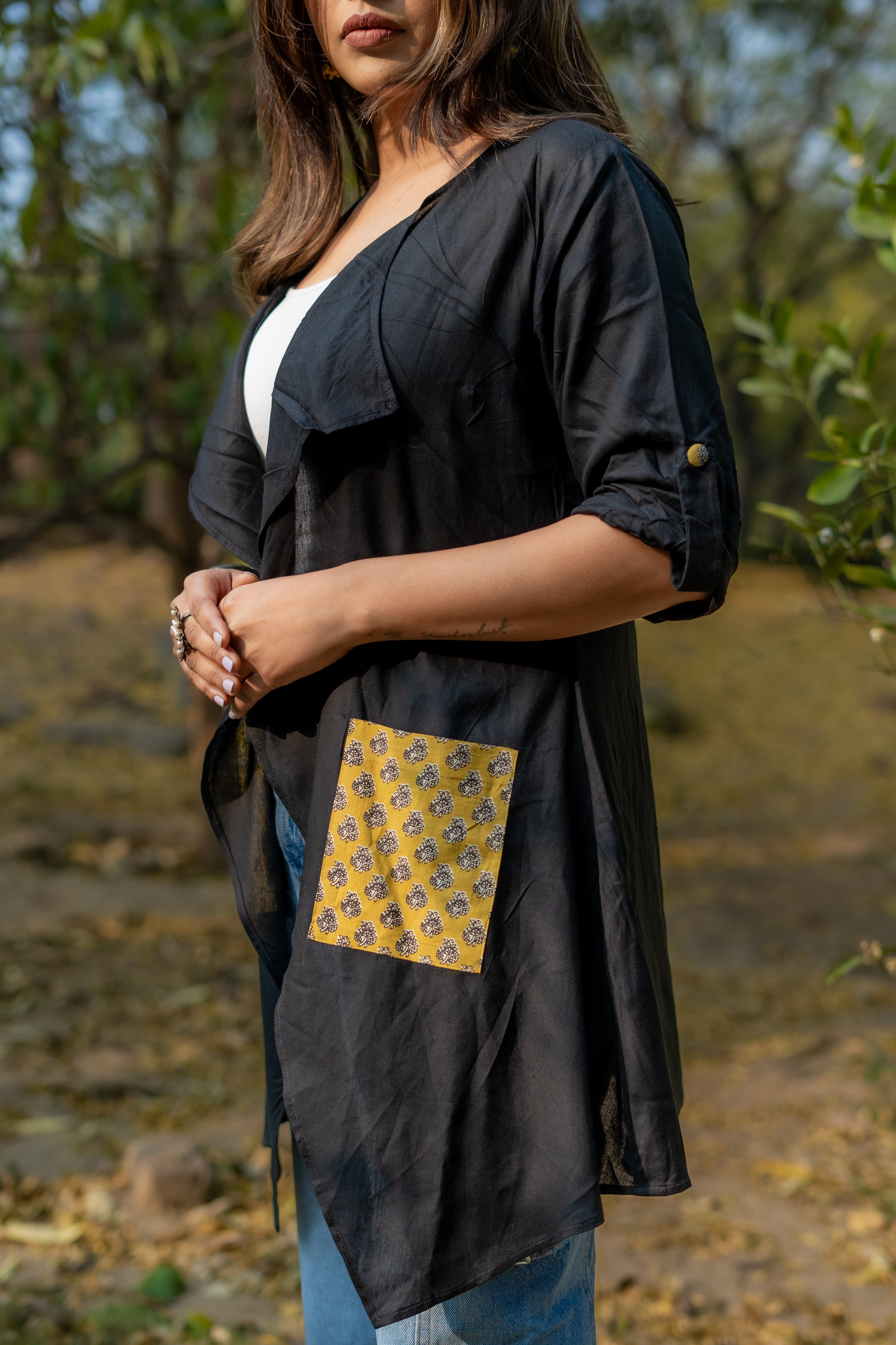 Black rayon cotton shrug with bagru handblock pockets