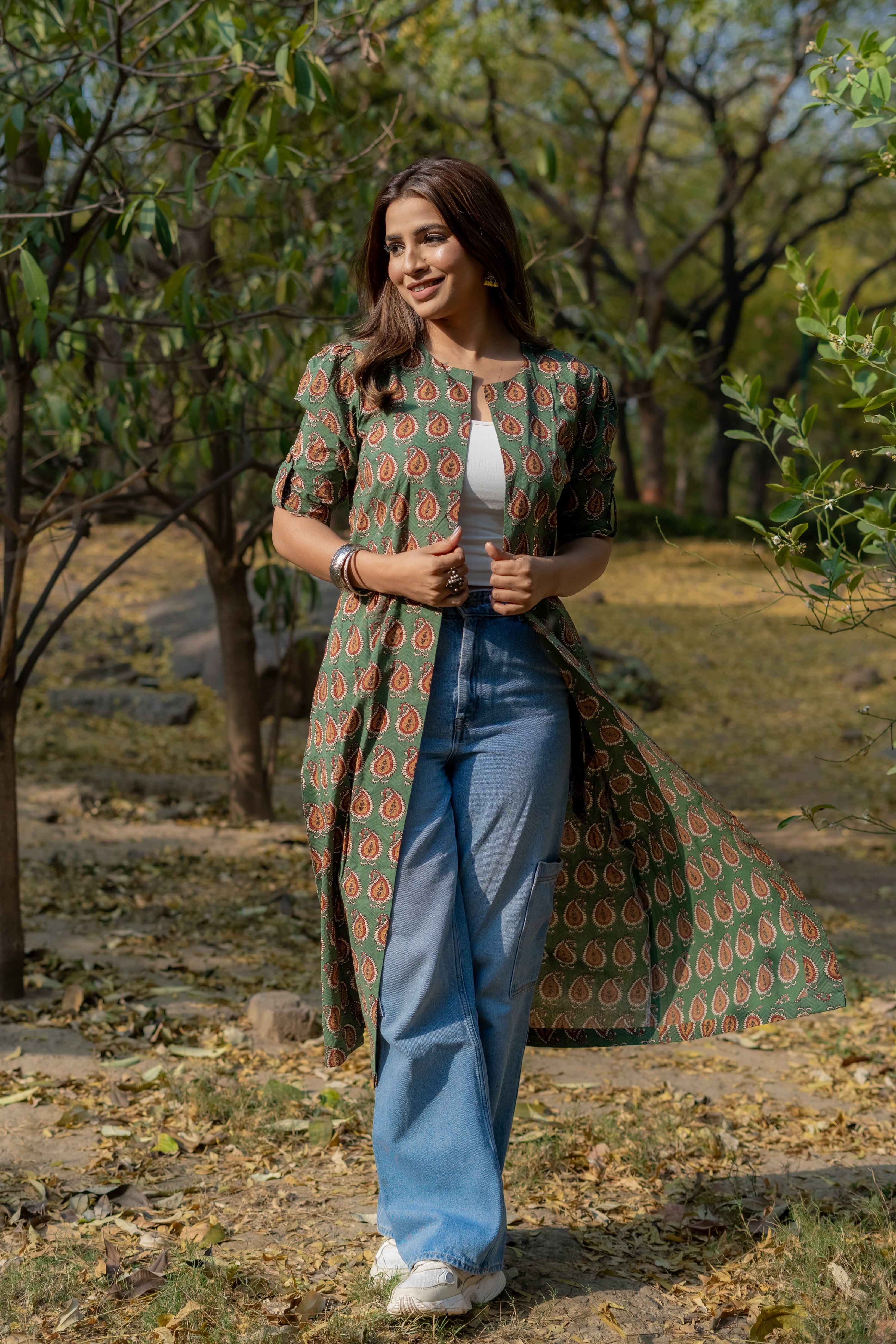 Green bagru paisley handblock print cotton shrug