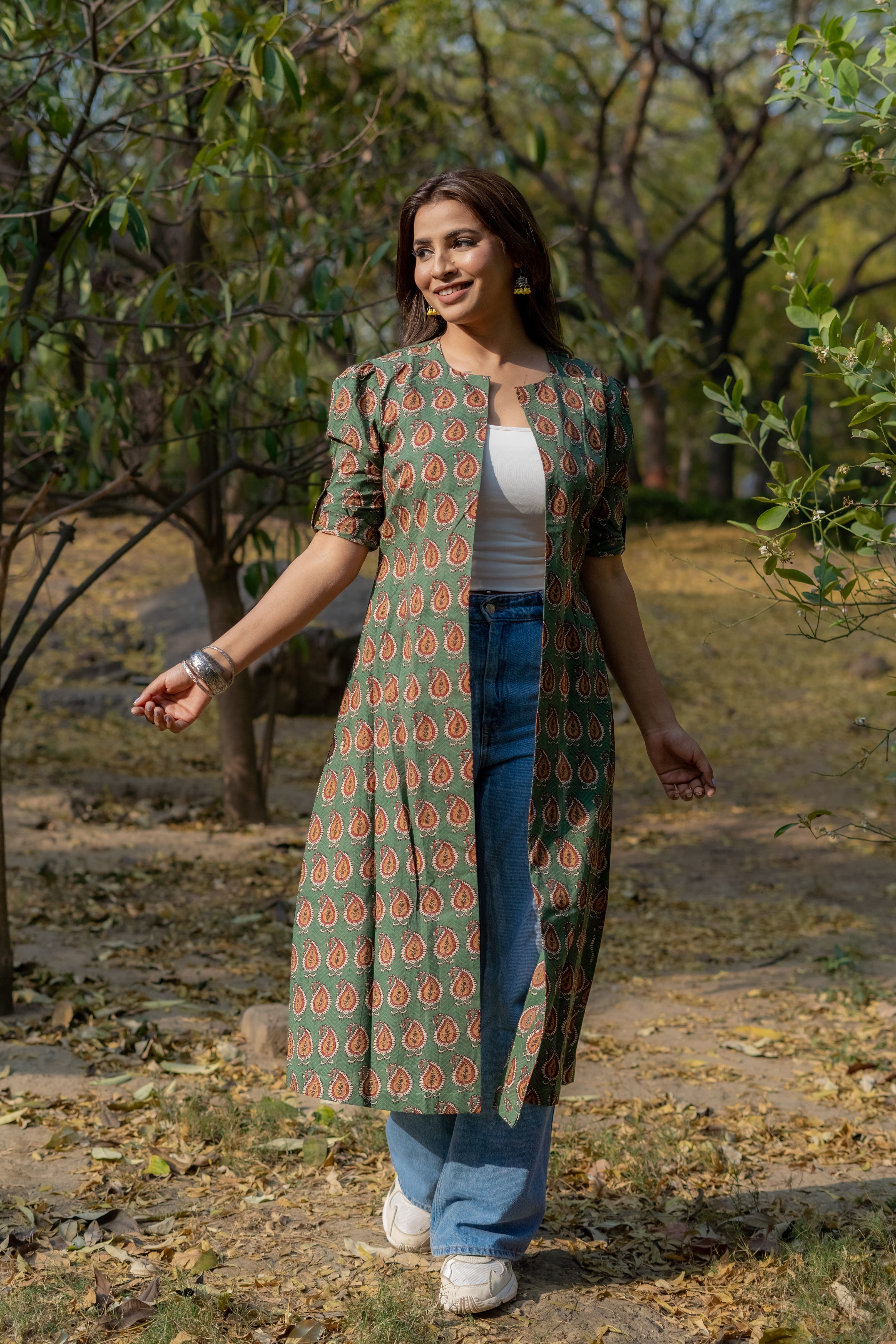 Green bagru paisley handblock print cotton shrug