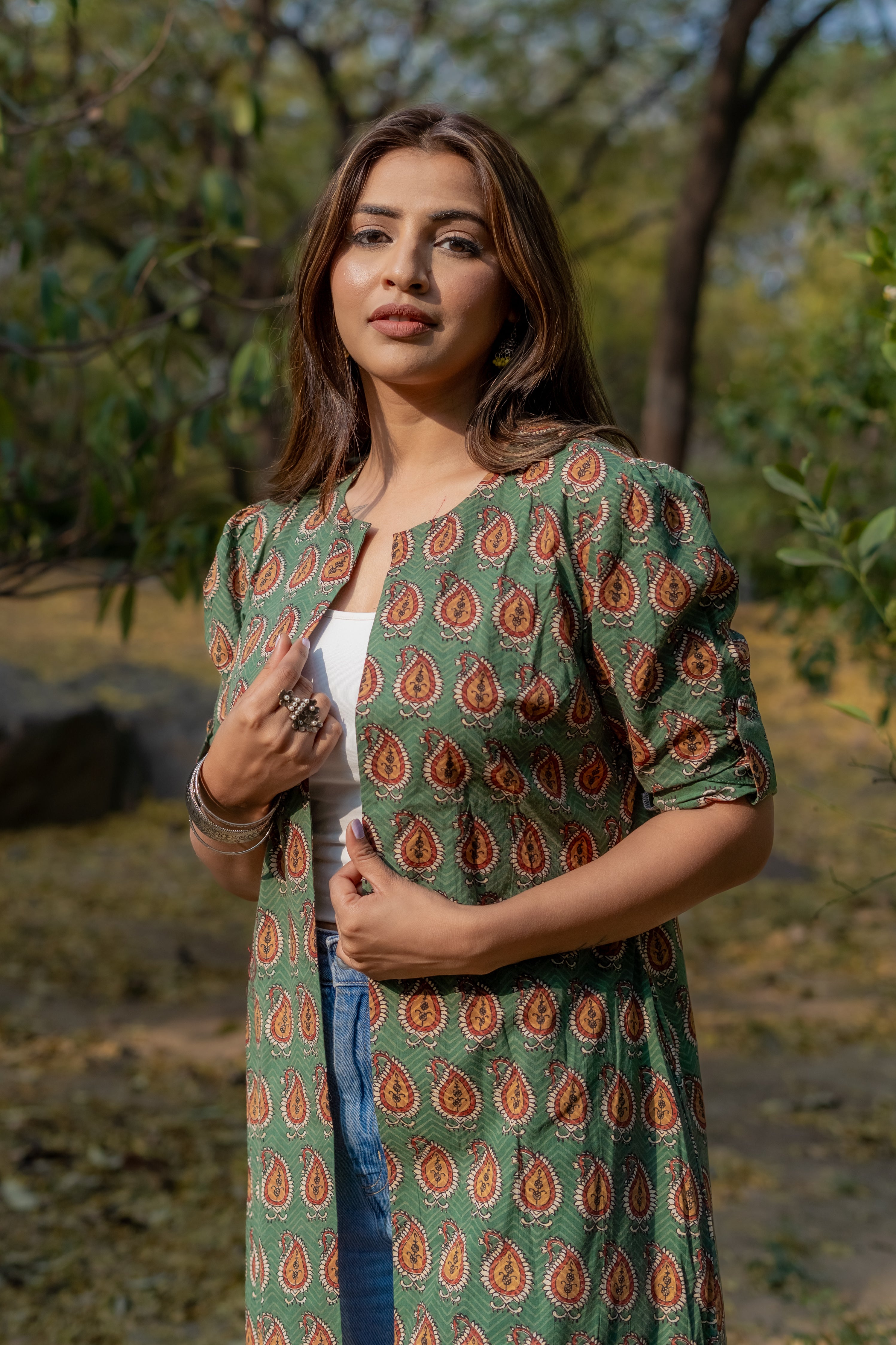 Green bagru paisley handblock print cotton shrug