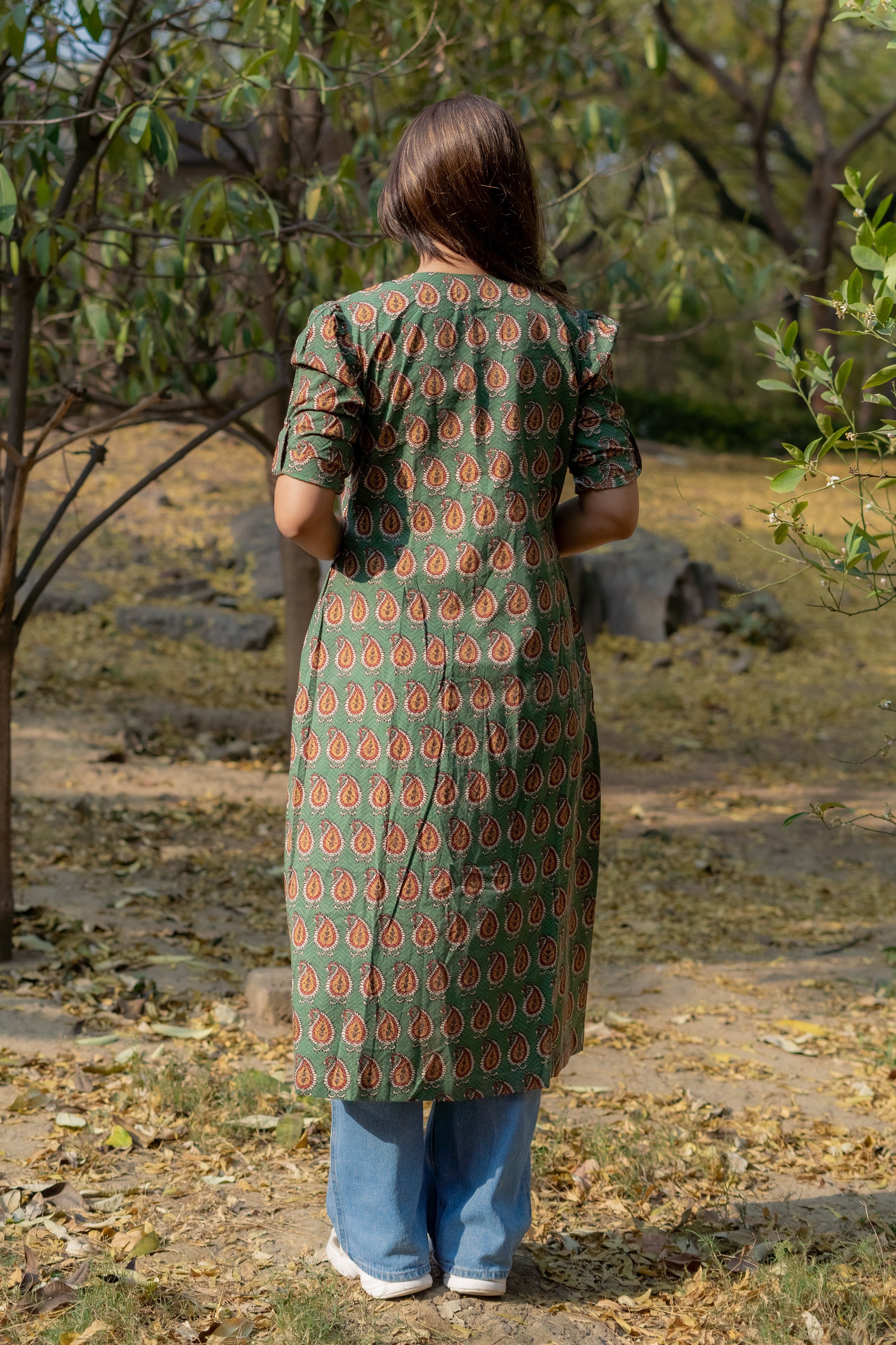Green bagru paisley handblock print cotton shrug