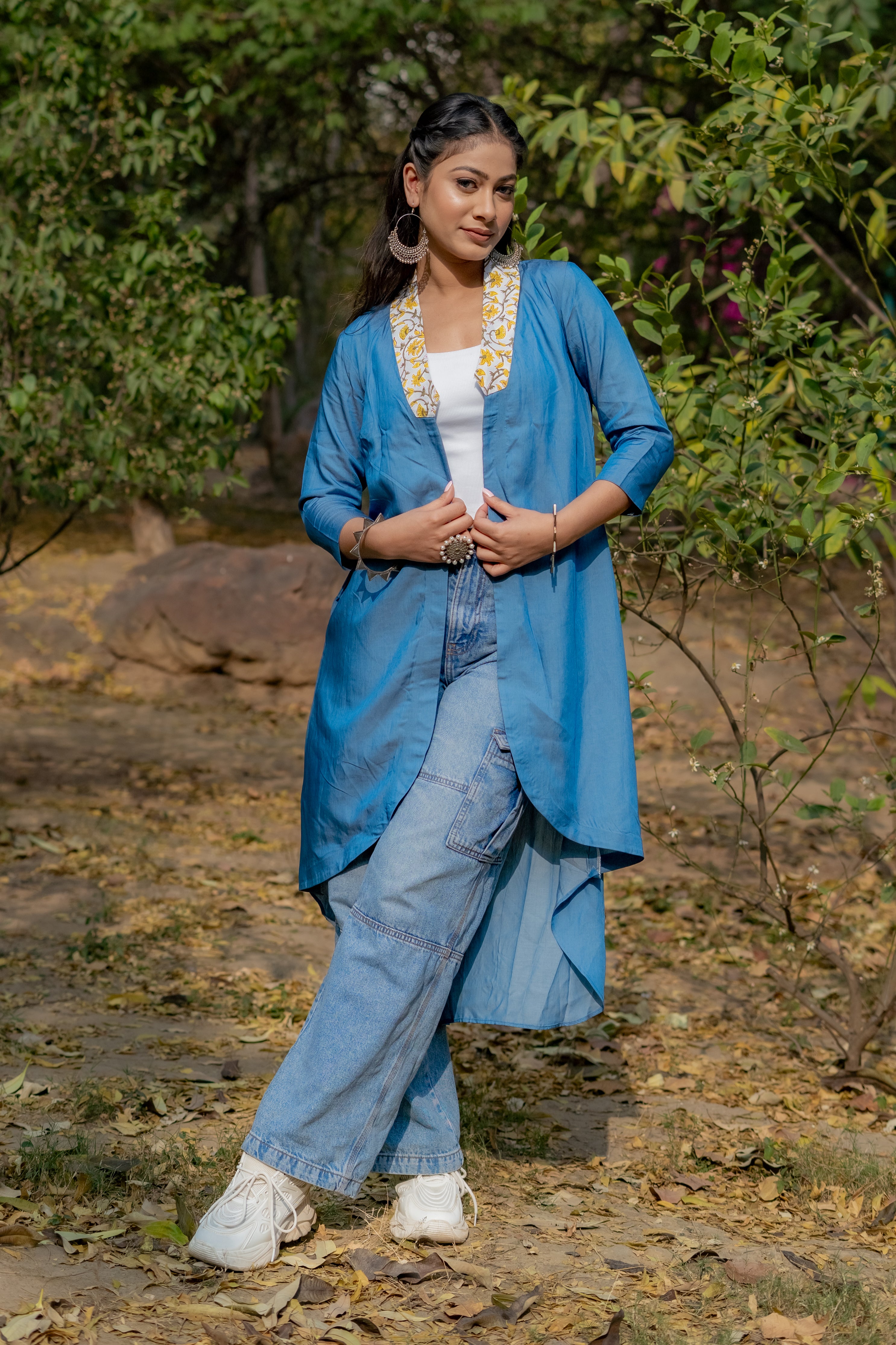 Denim cotton shrug with yellow sanganeri handblock collar