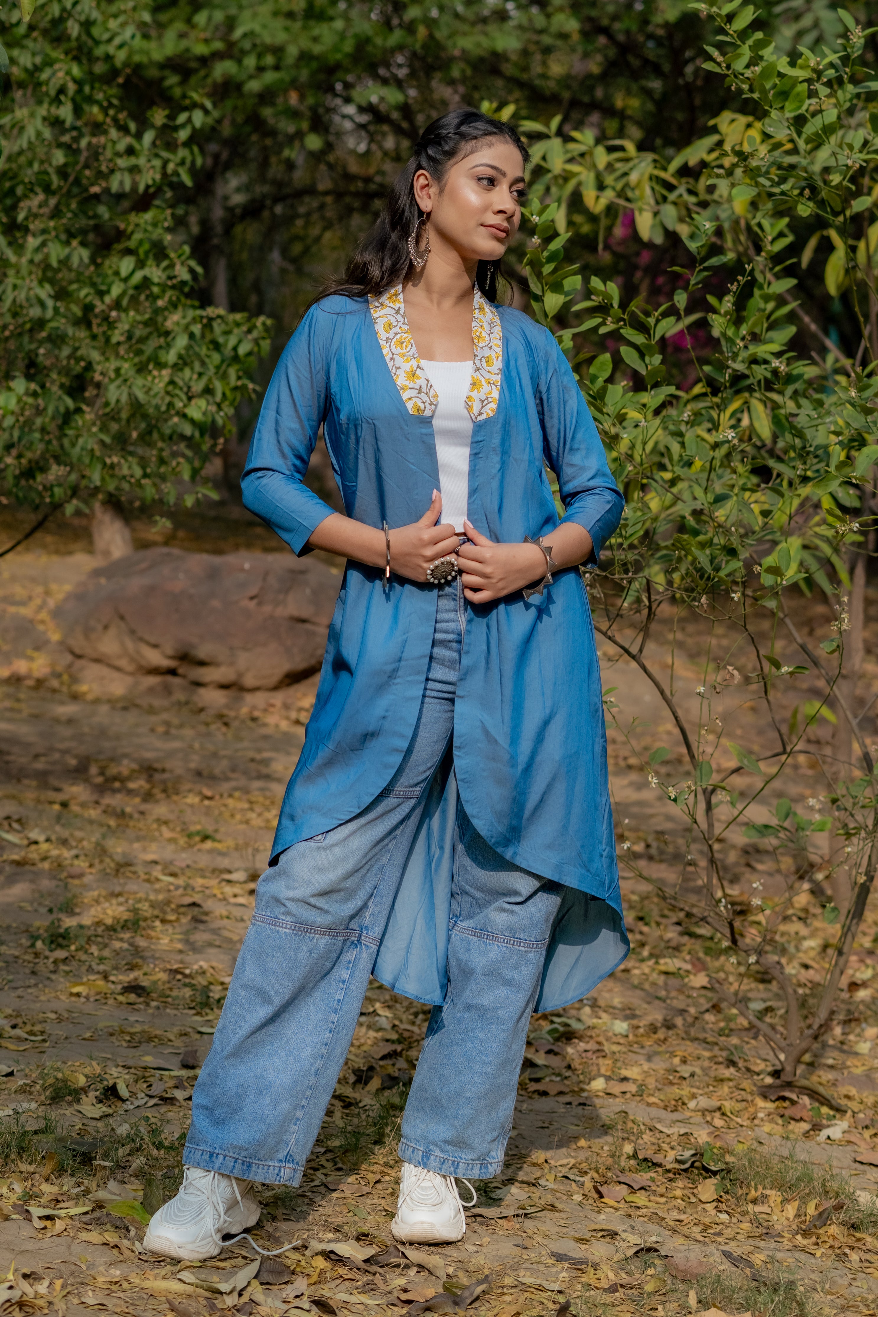 Denim cotton shrug with yellow sanganeri handblock collar