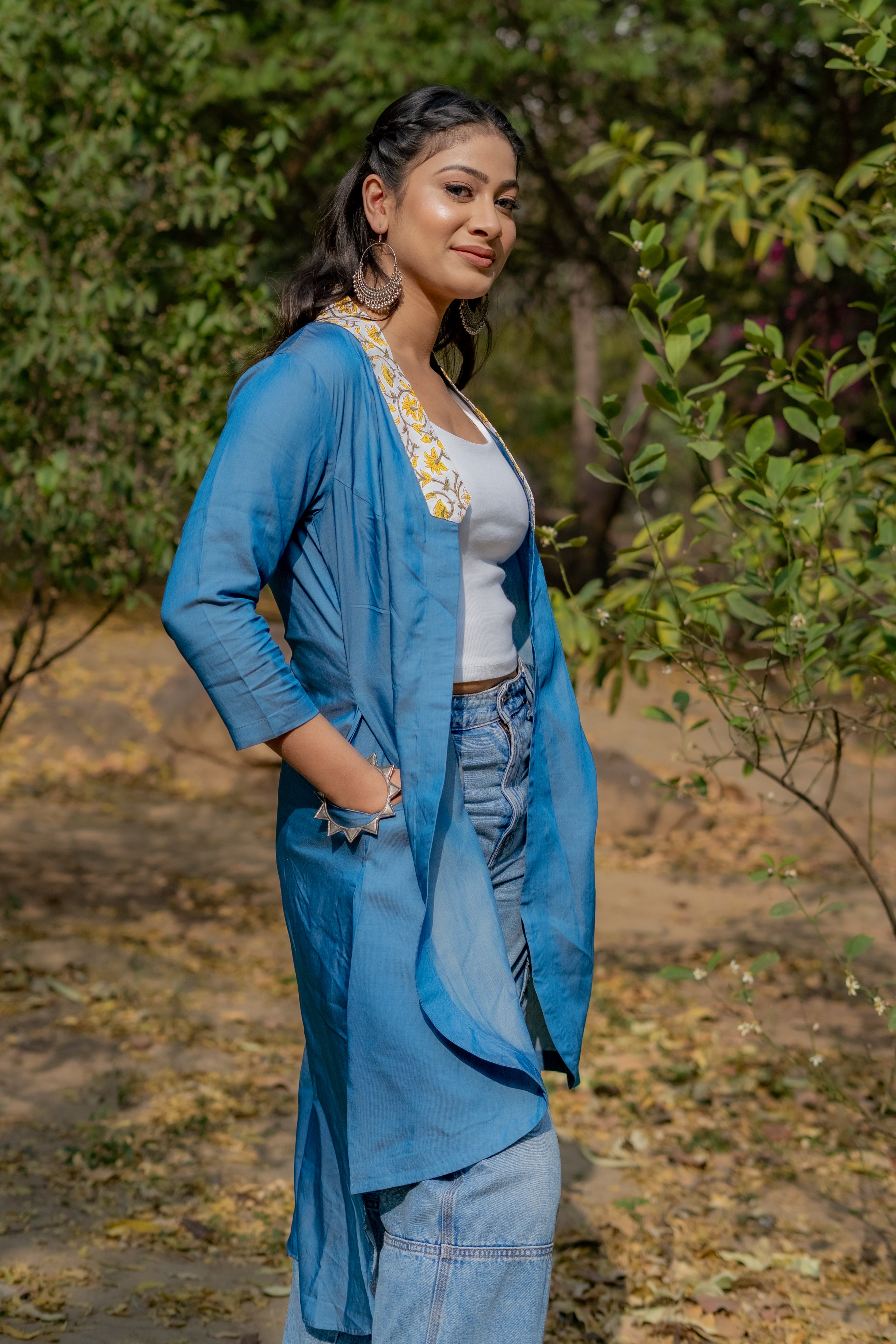 Denim cotton shrug with yellow sanganeri handblock collar
