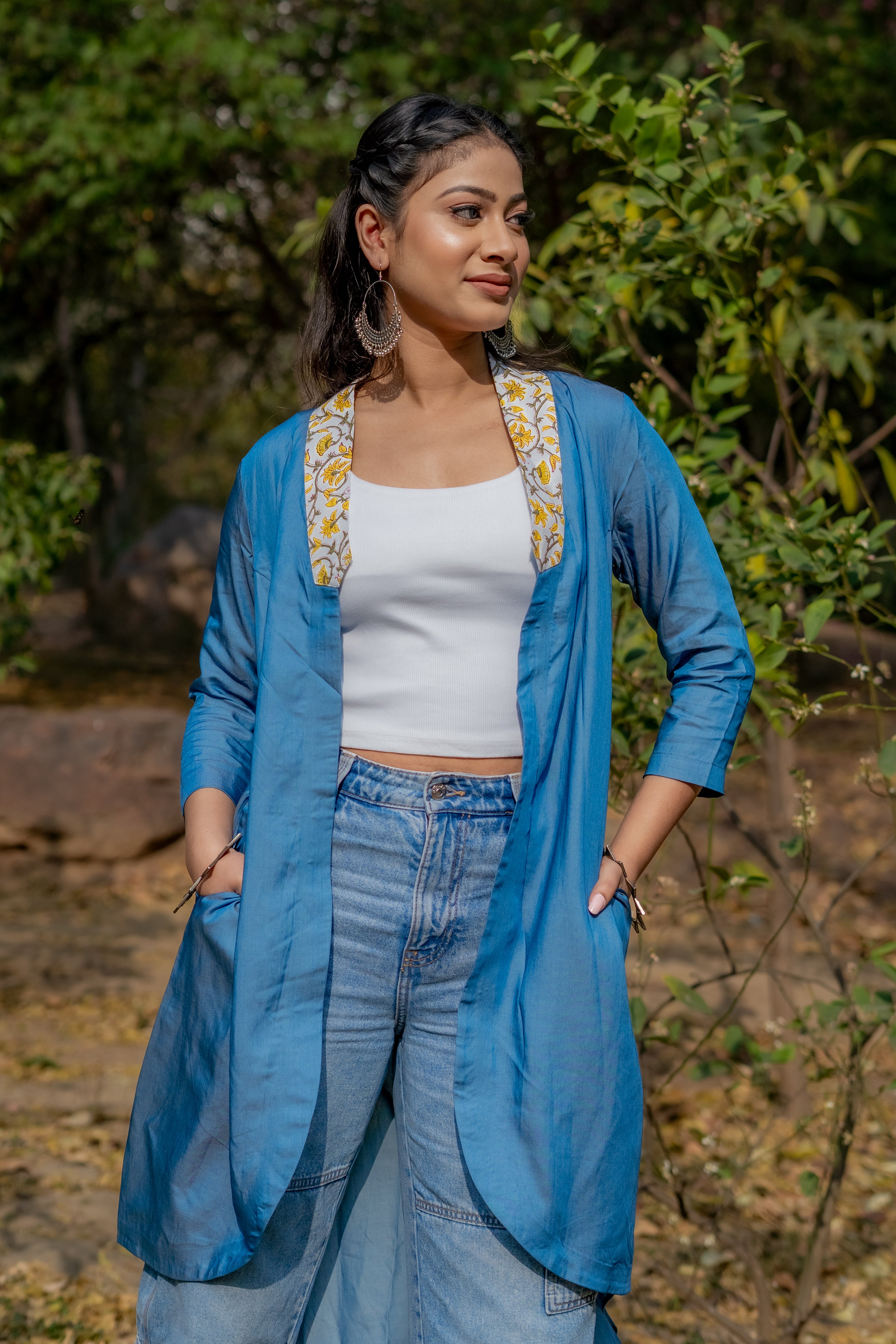 Denim cotton shrug with yellow sanganeri handblock collar