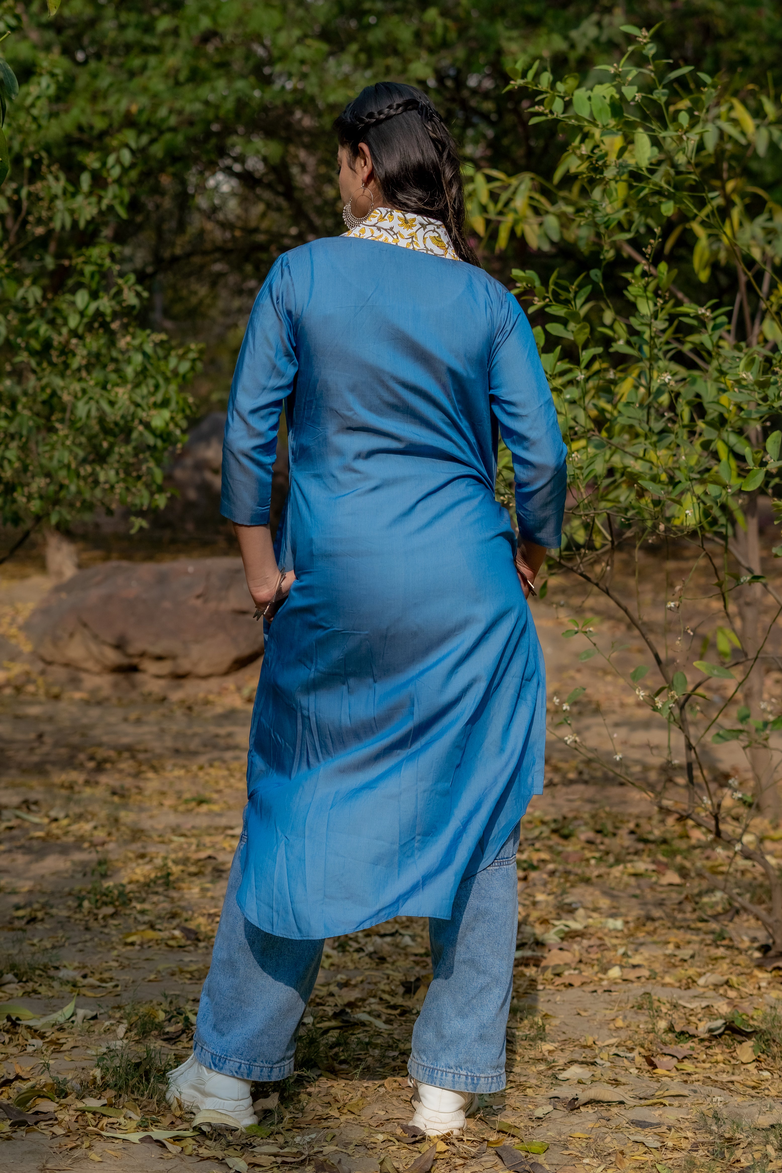 Denim cotton shrug with yellow sanganeri handblock collar