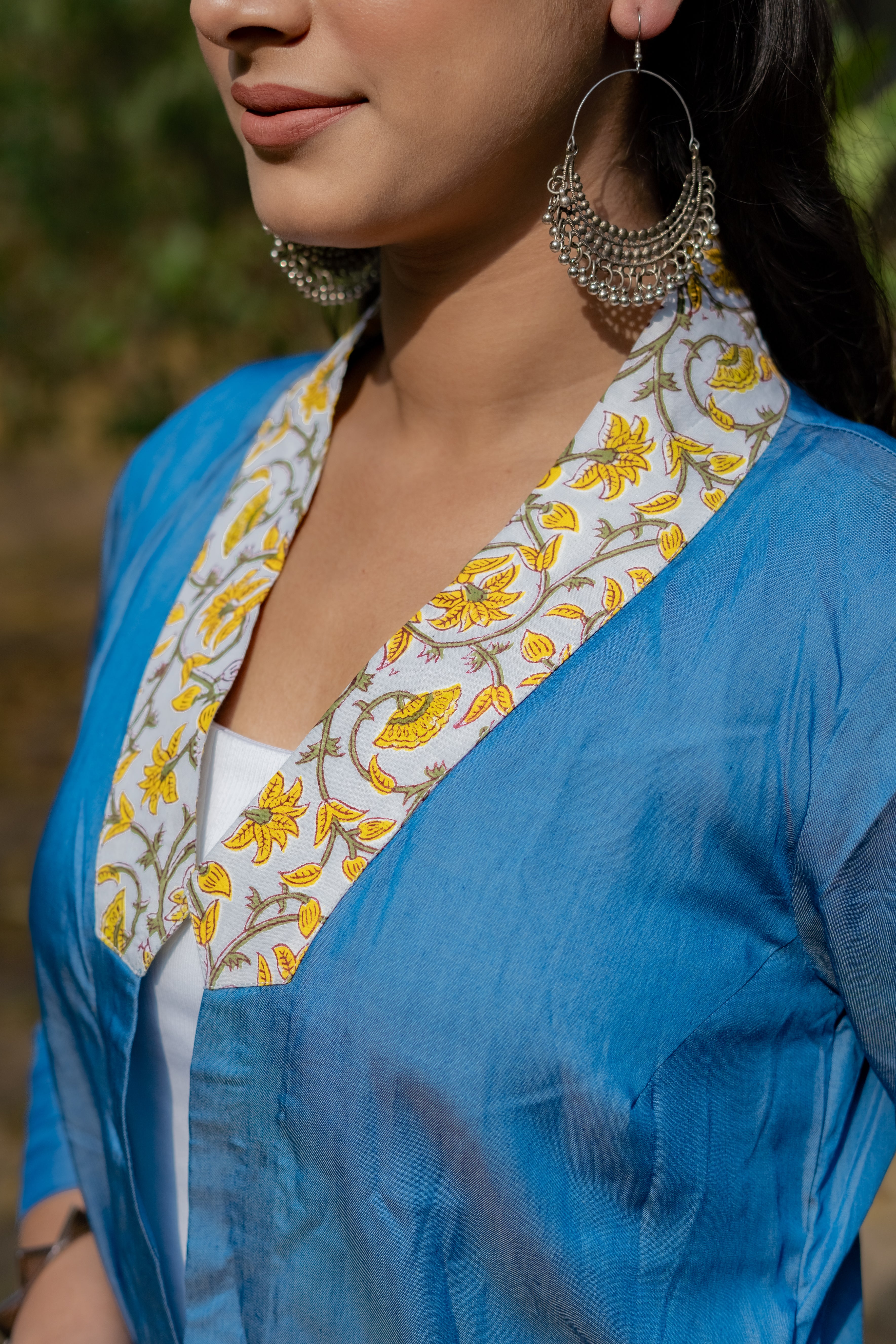 Denim cotton shrug with yellow sanganeri handblock collar