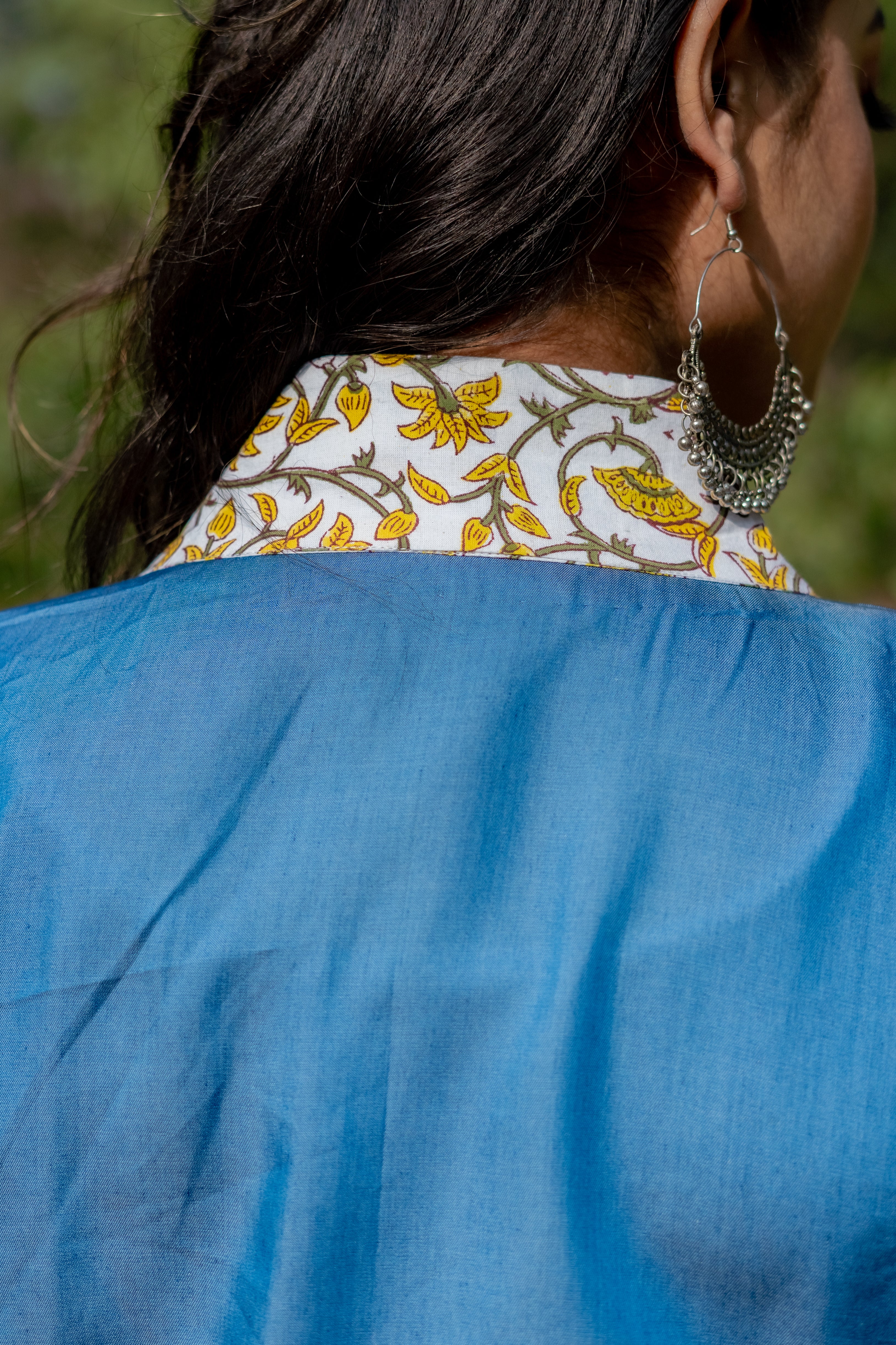 Denim cotton shrug with yellow sanganeri handblock collar
