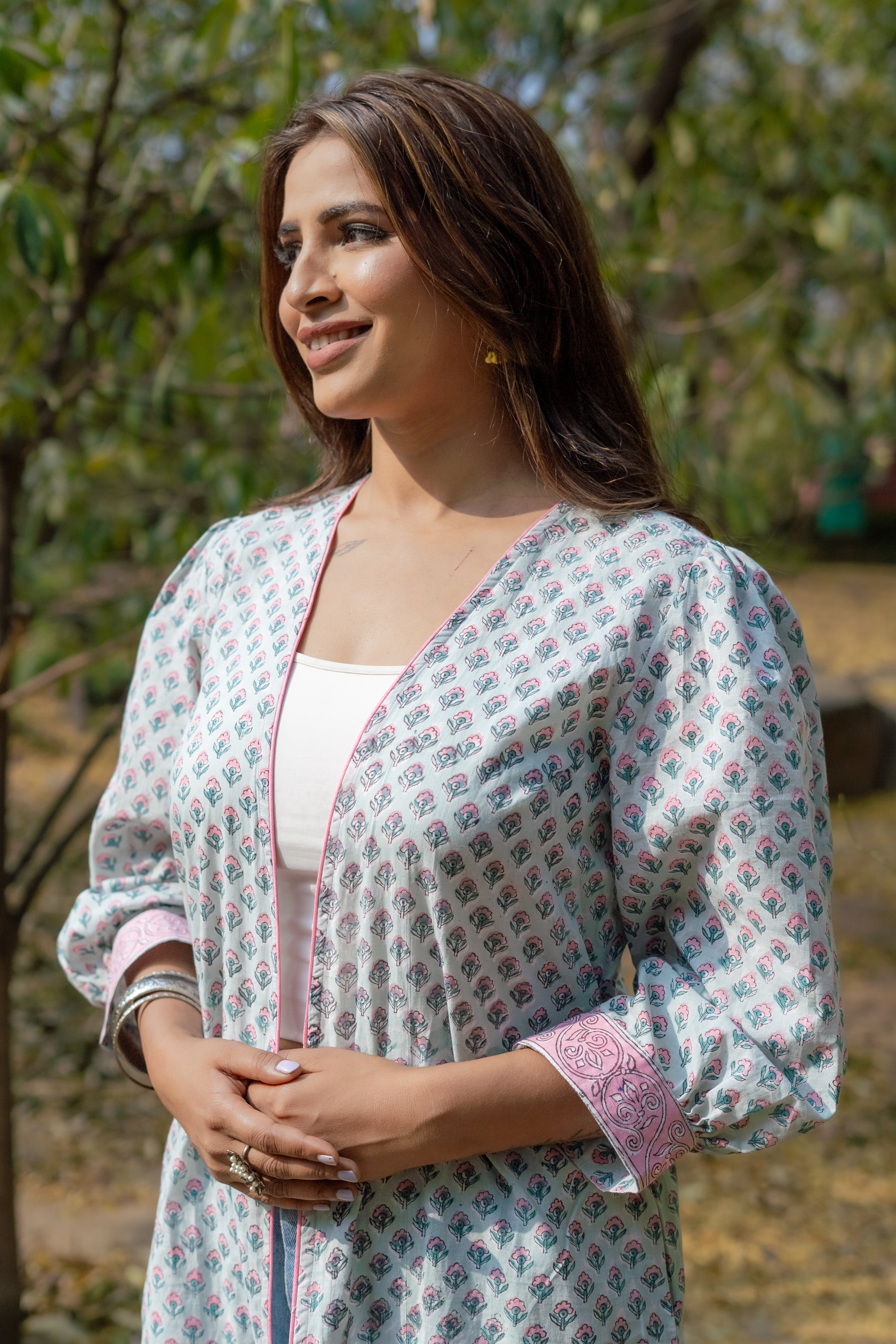 Light blue sanganeri booti handblock print cotton shrug