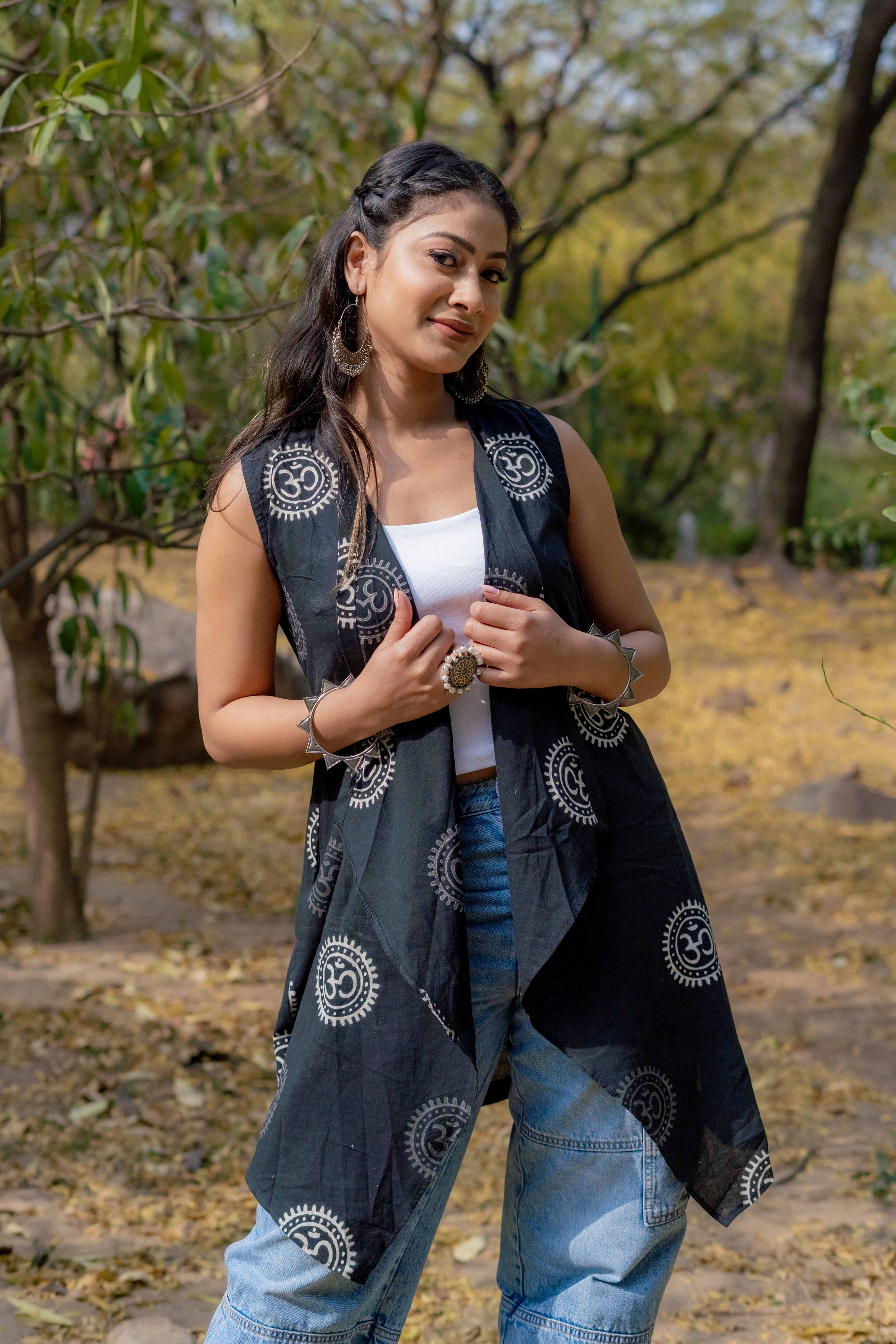 Om handblock print waterfall shrug