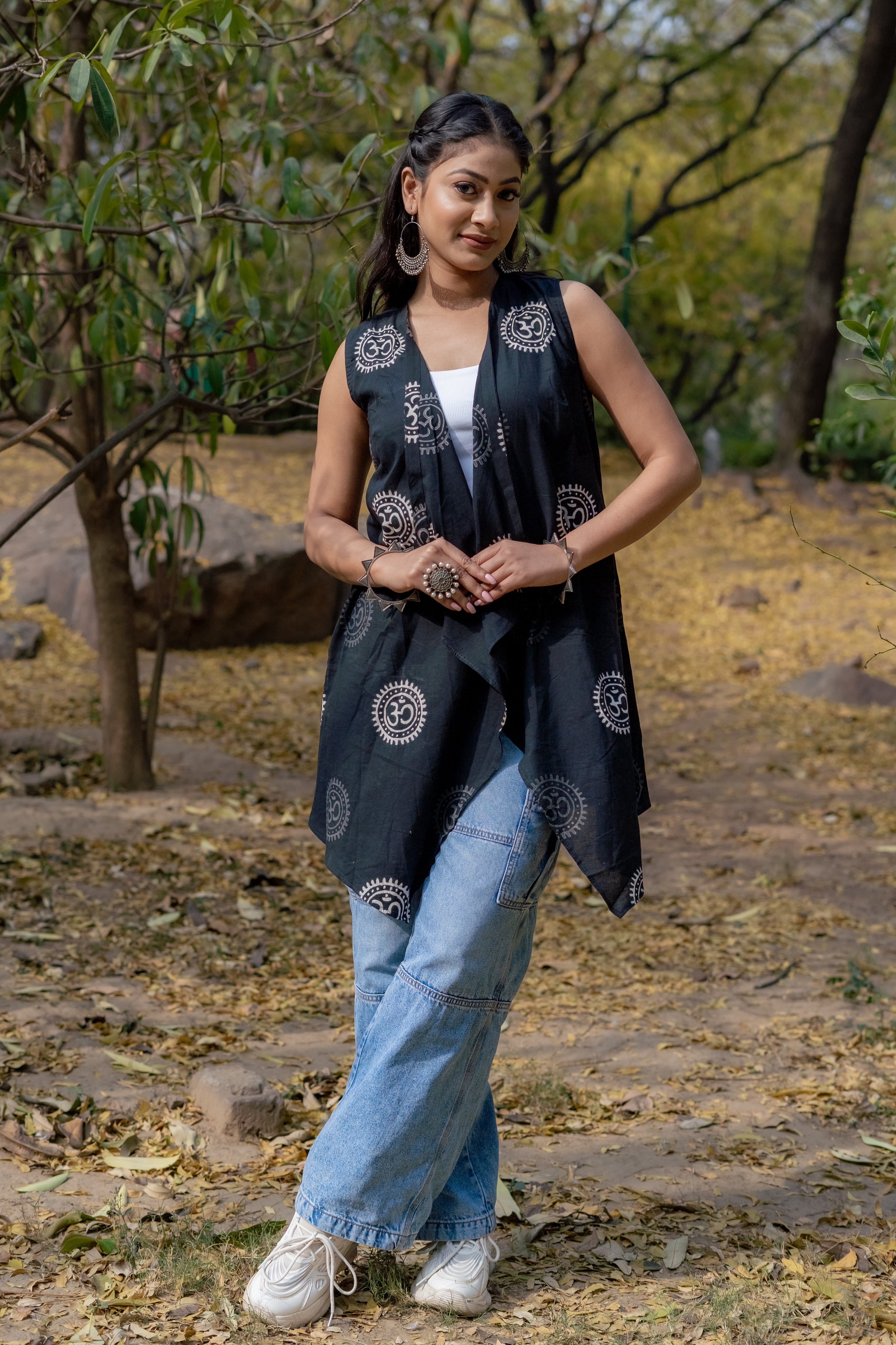 Om handblock print waterfall shrug