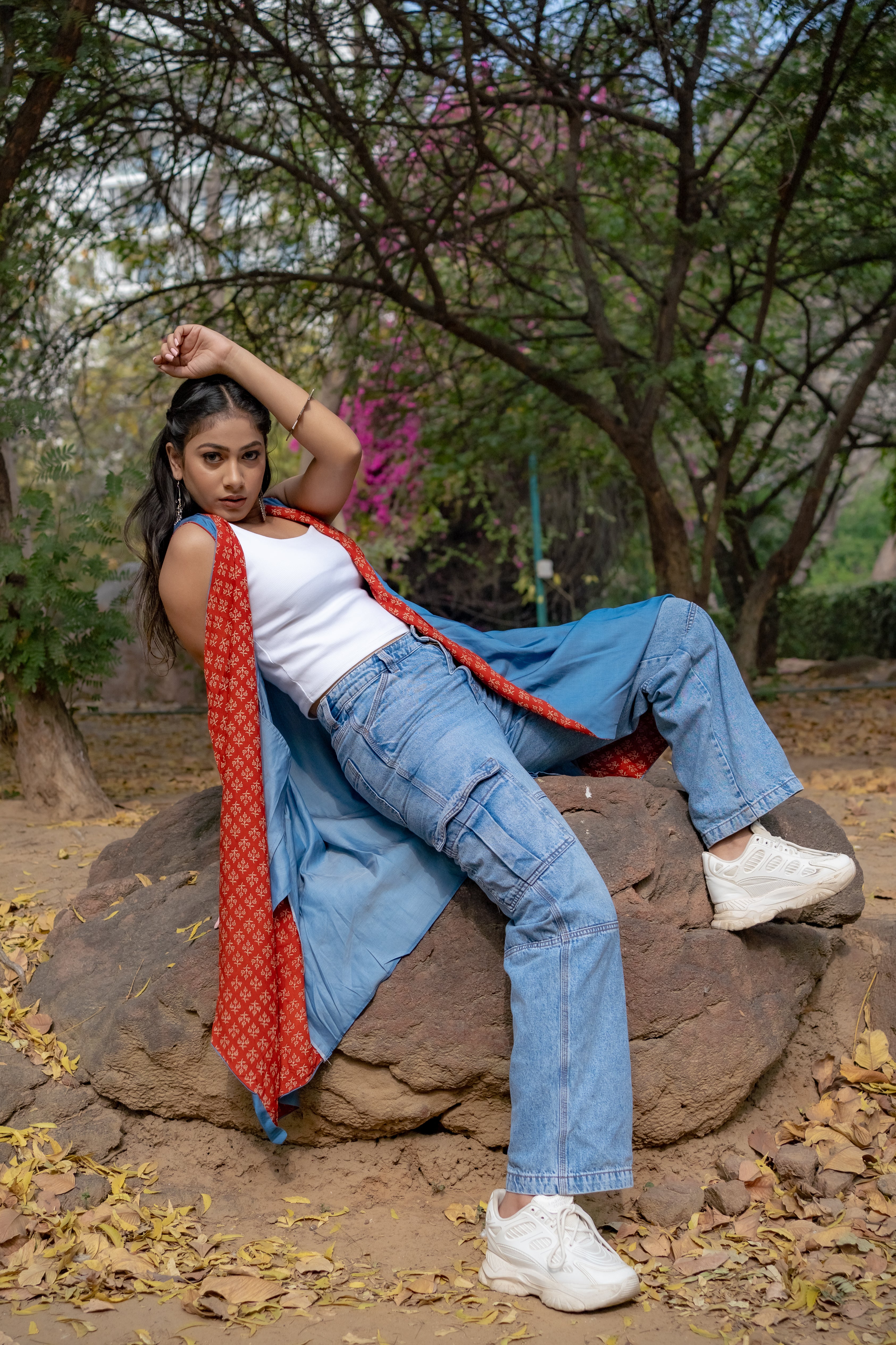 Denim waterfall shrug with red bagru handblock print collar