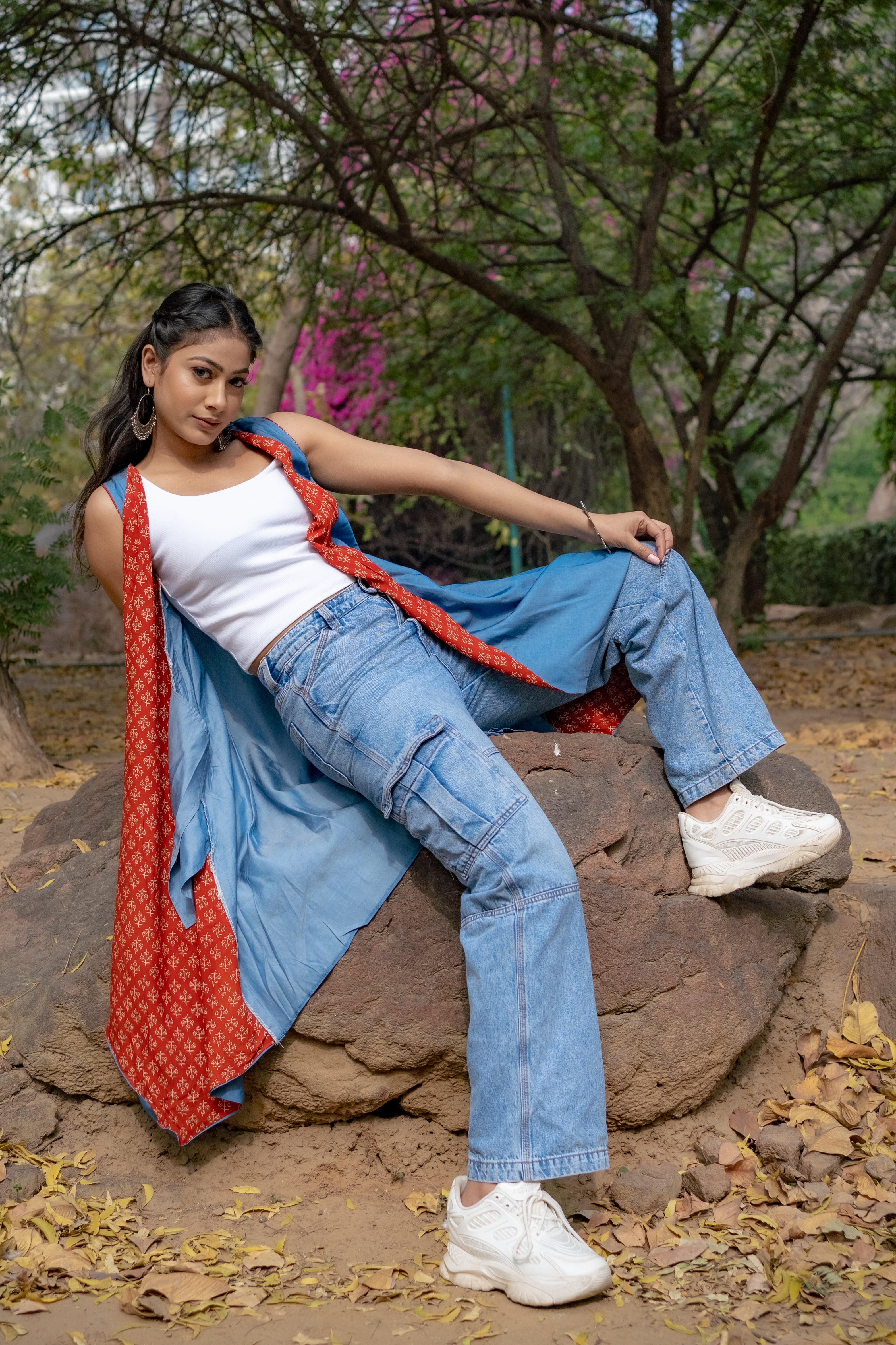 Denim waterfall shrug with red bagru handblock print collar
