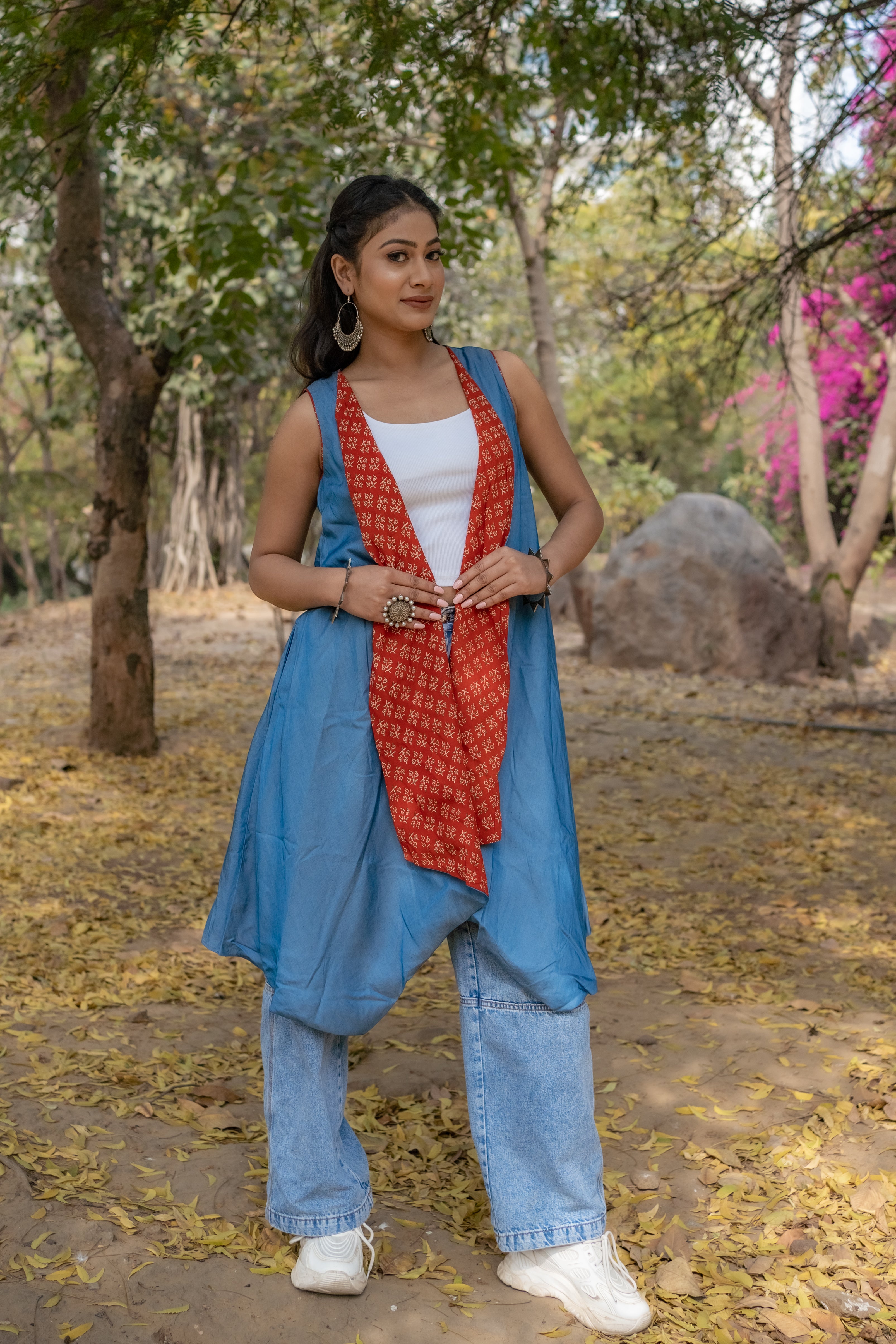 Denim waterfall shrug with red bagru handblock print collar