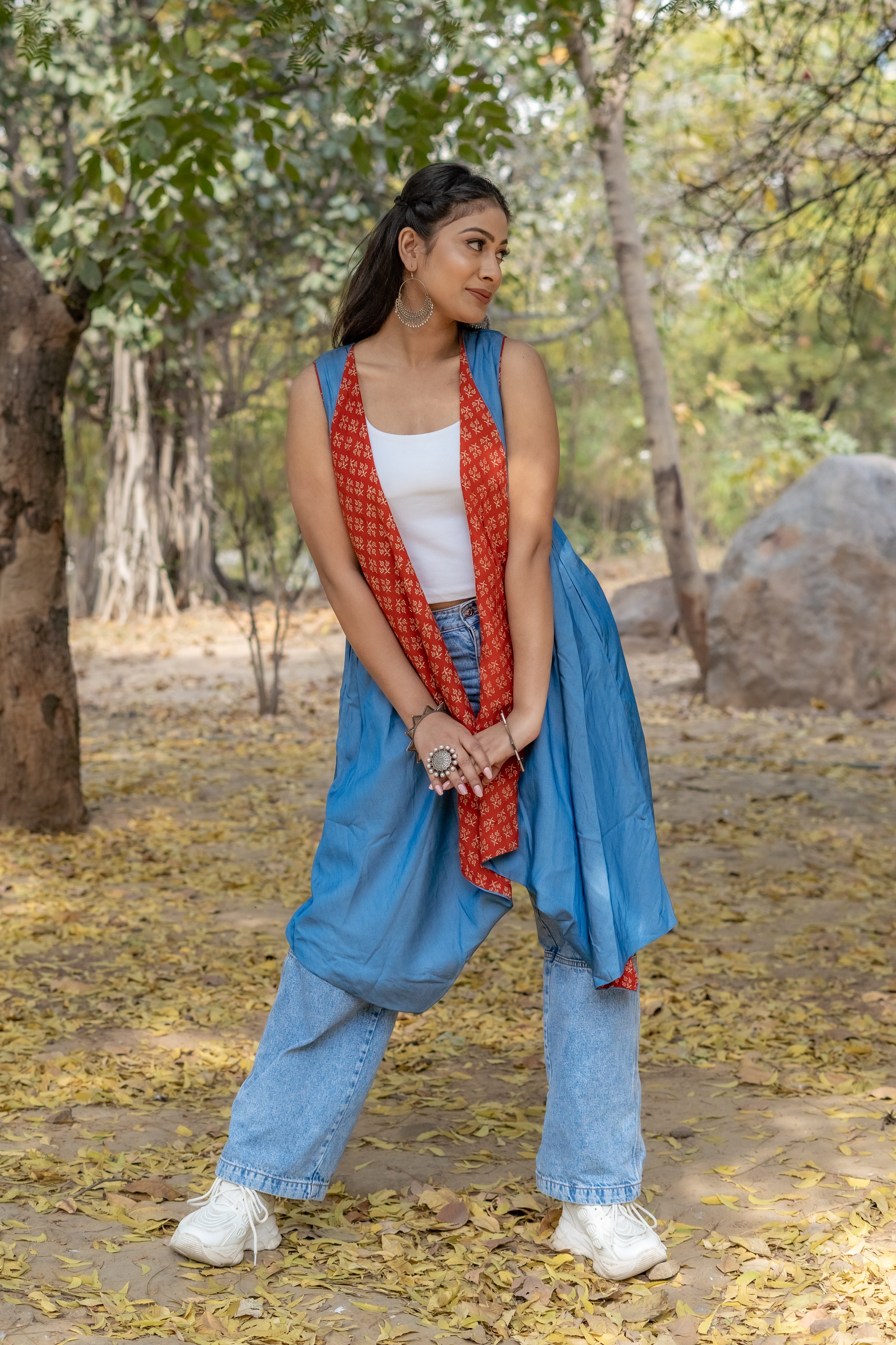 Denim waterfall shrug with red bagru handblock print collar