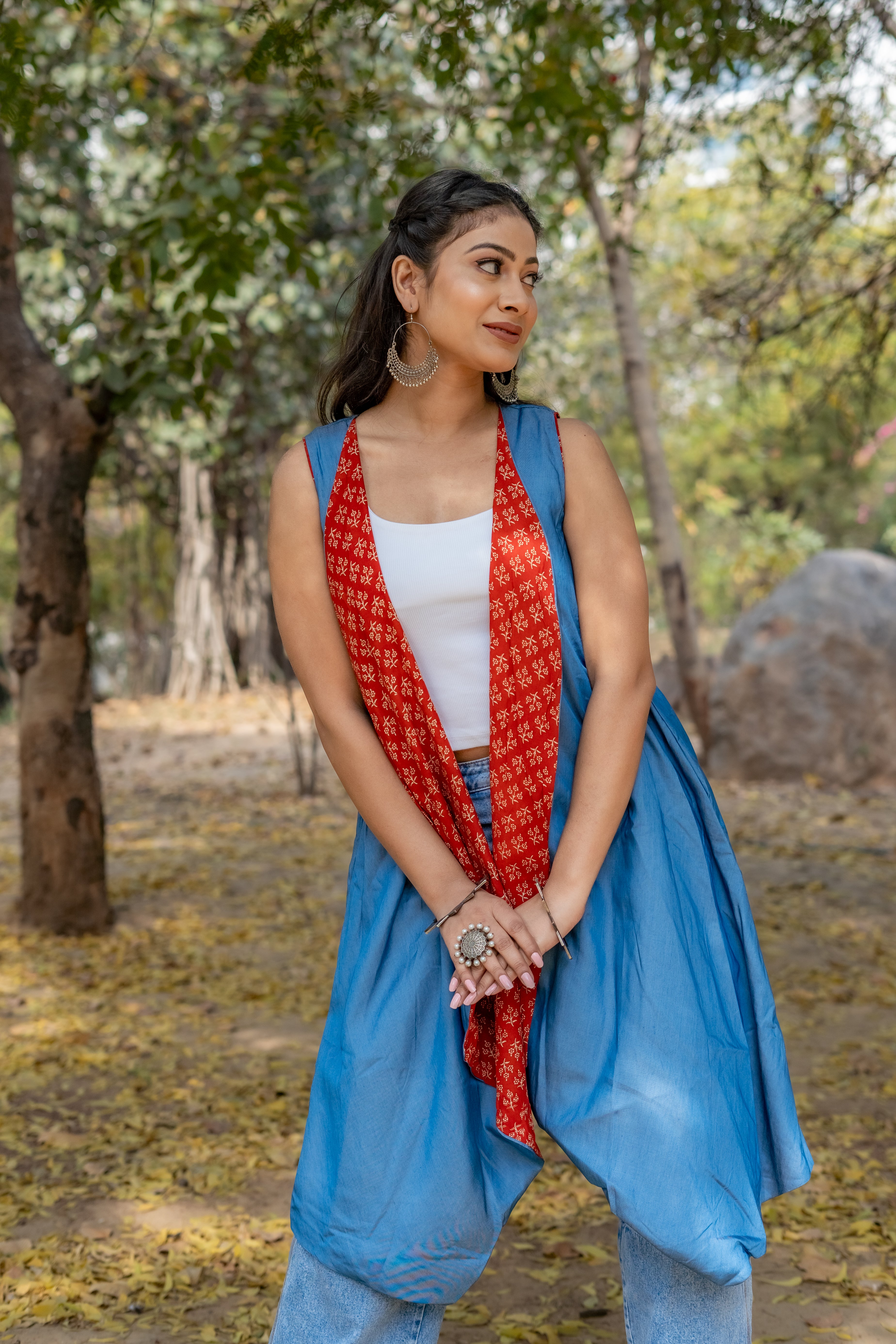 Denim waterfall shrug with red bagru handblock print collar