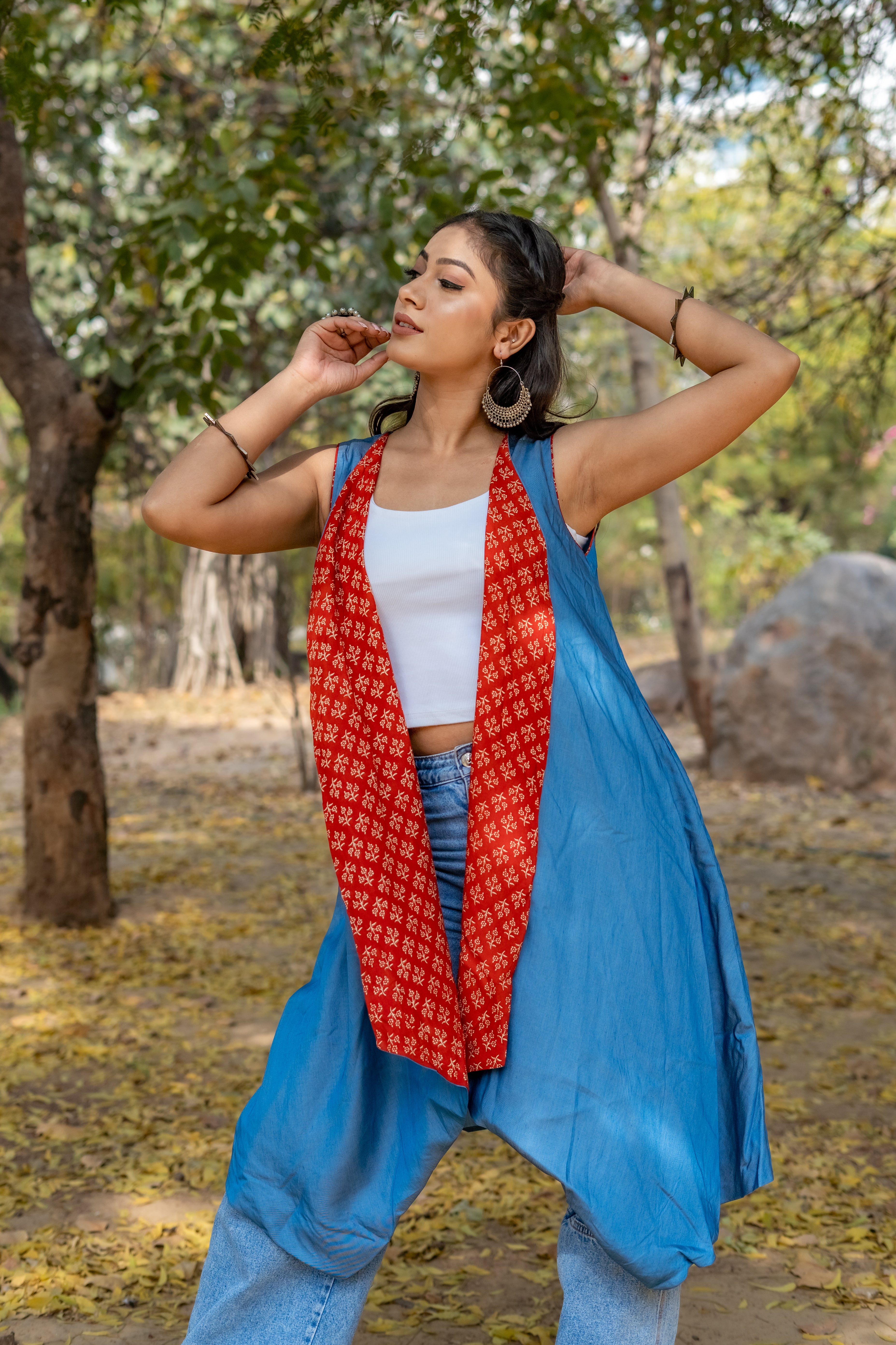 Denim waterfall shrug with red bagru handblock print collar