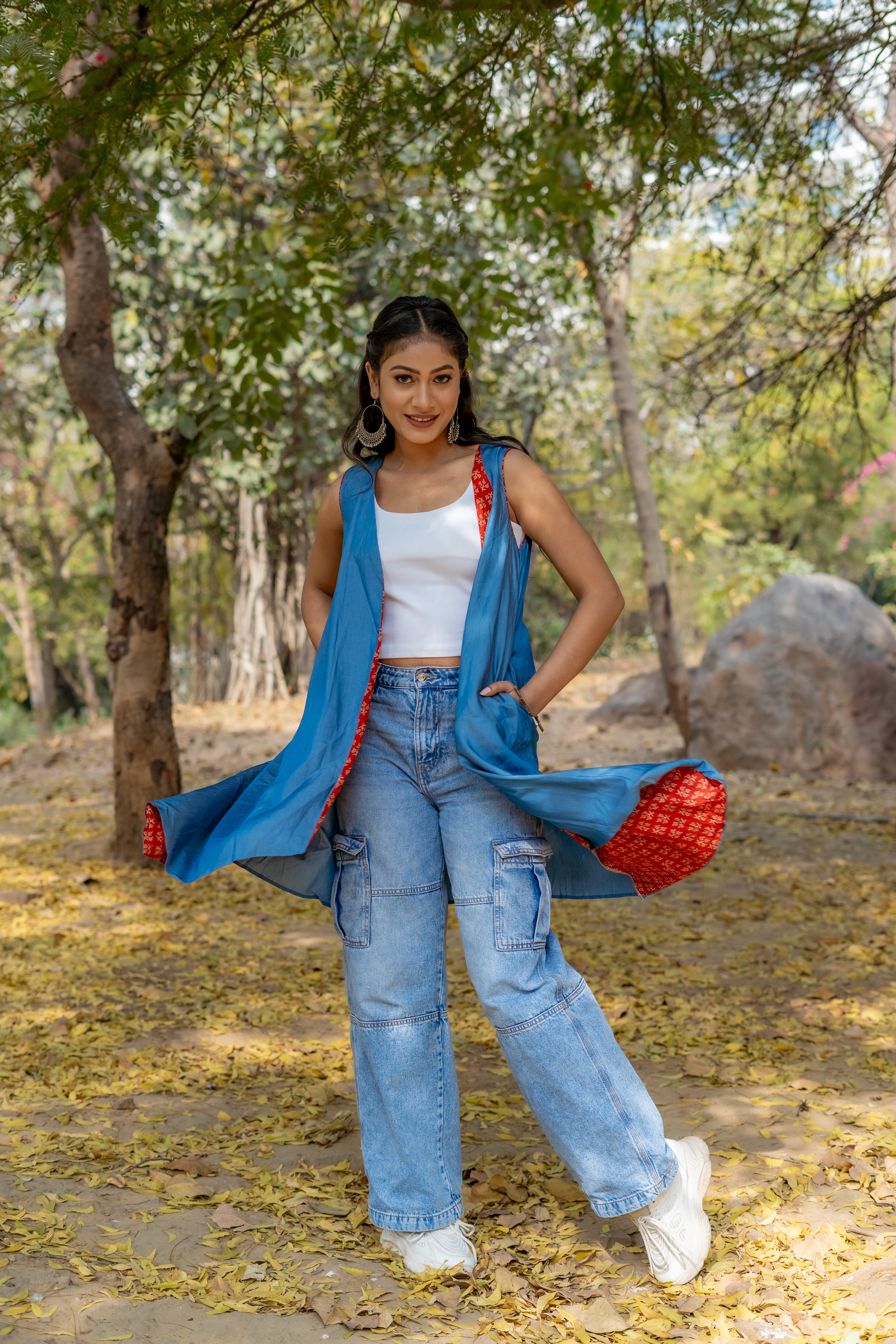 Denim waterfall shrug with red bagru handblock print collar