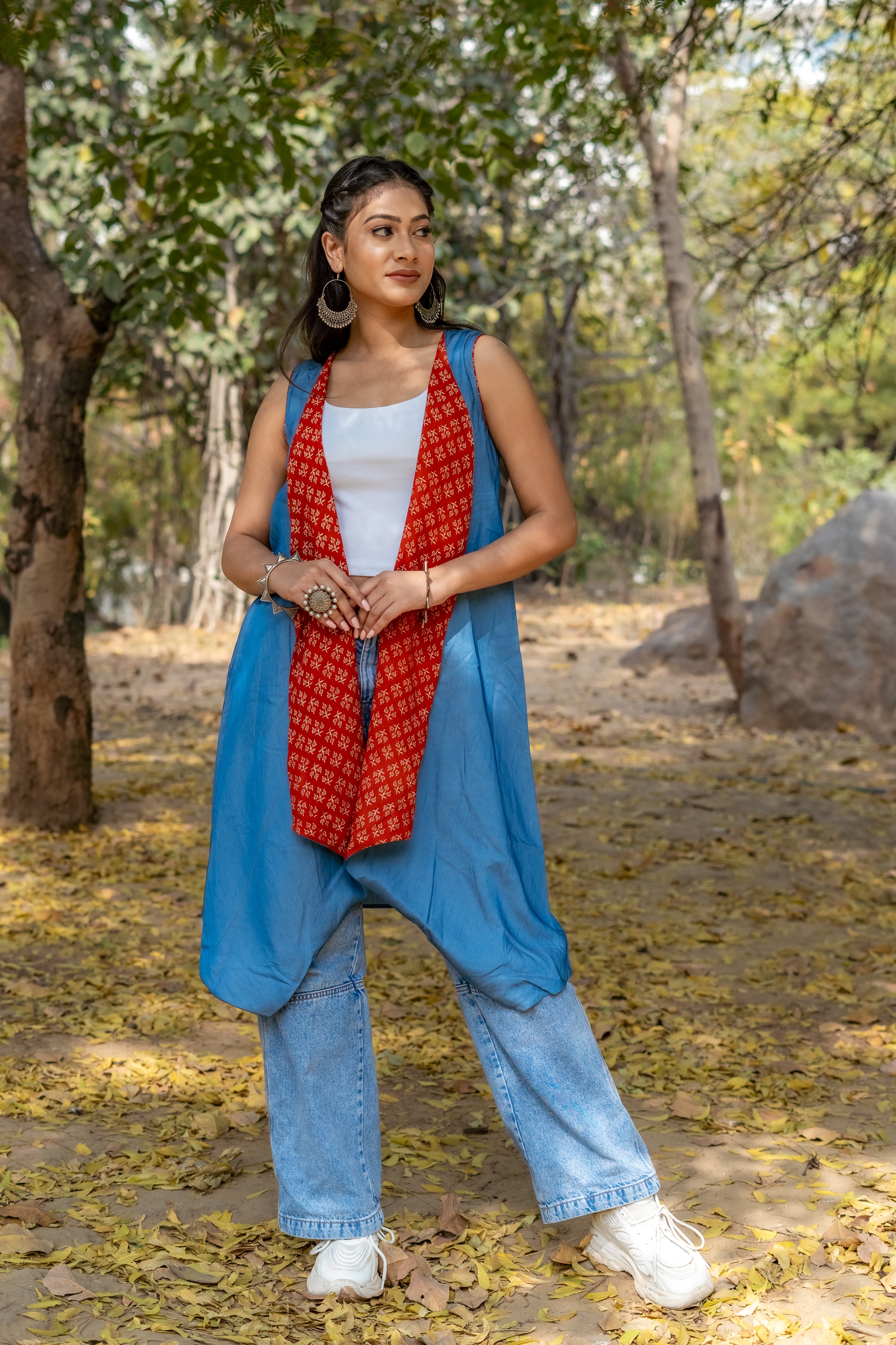 Denim waterfall shrug with red bagru handblock print collar