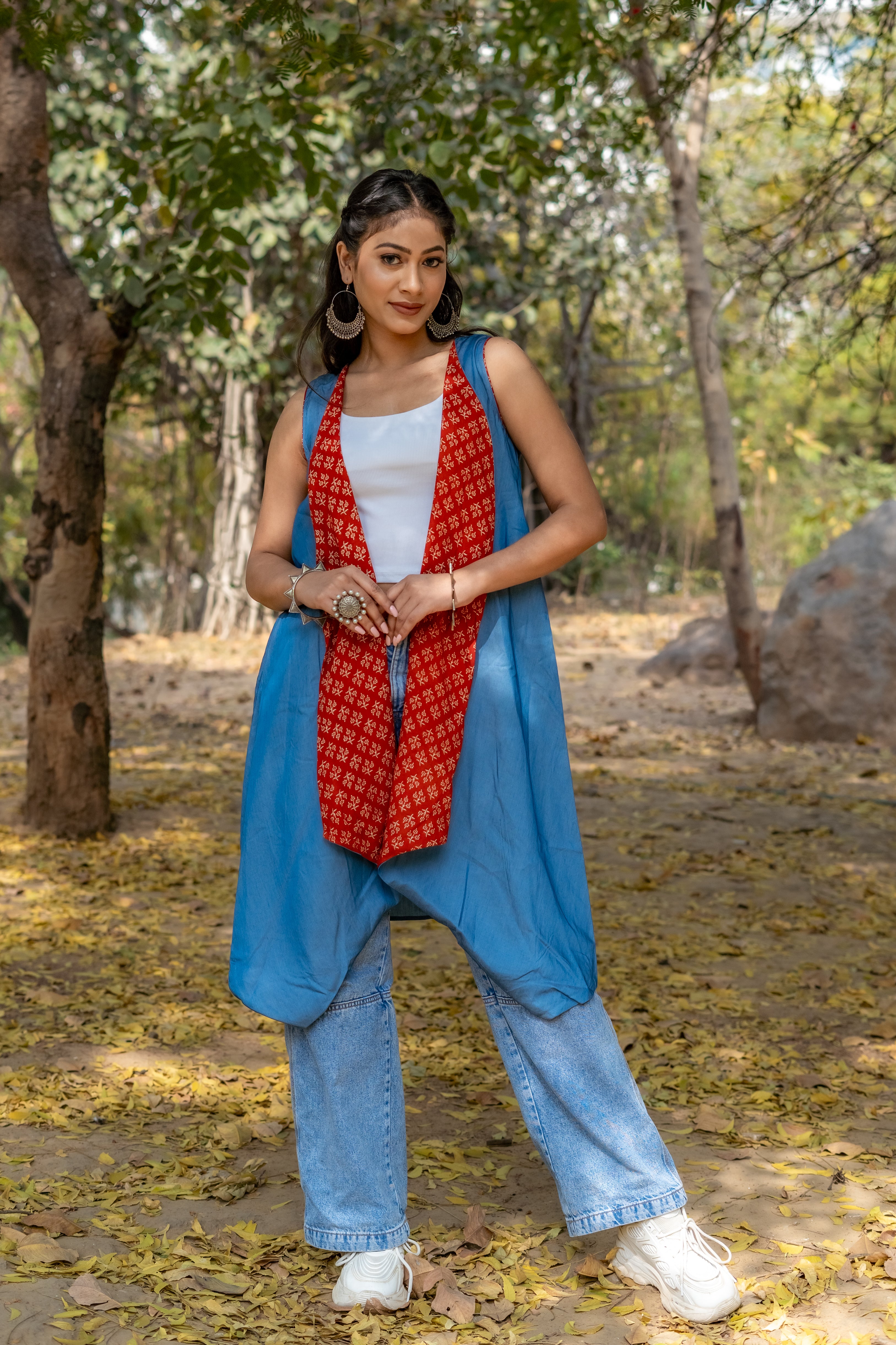 Denim waterfall shrug with red bagru handblock print collar