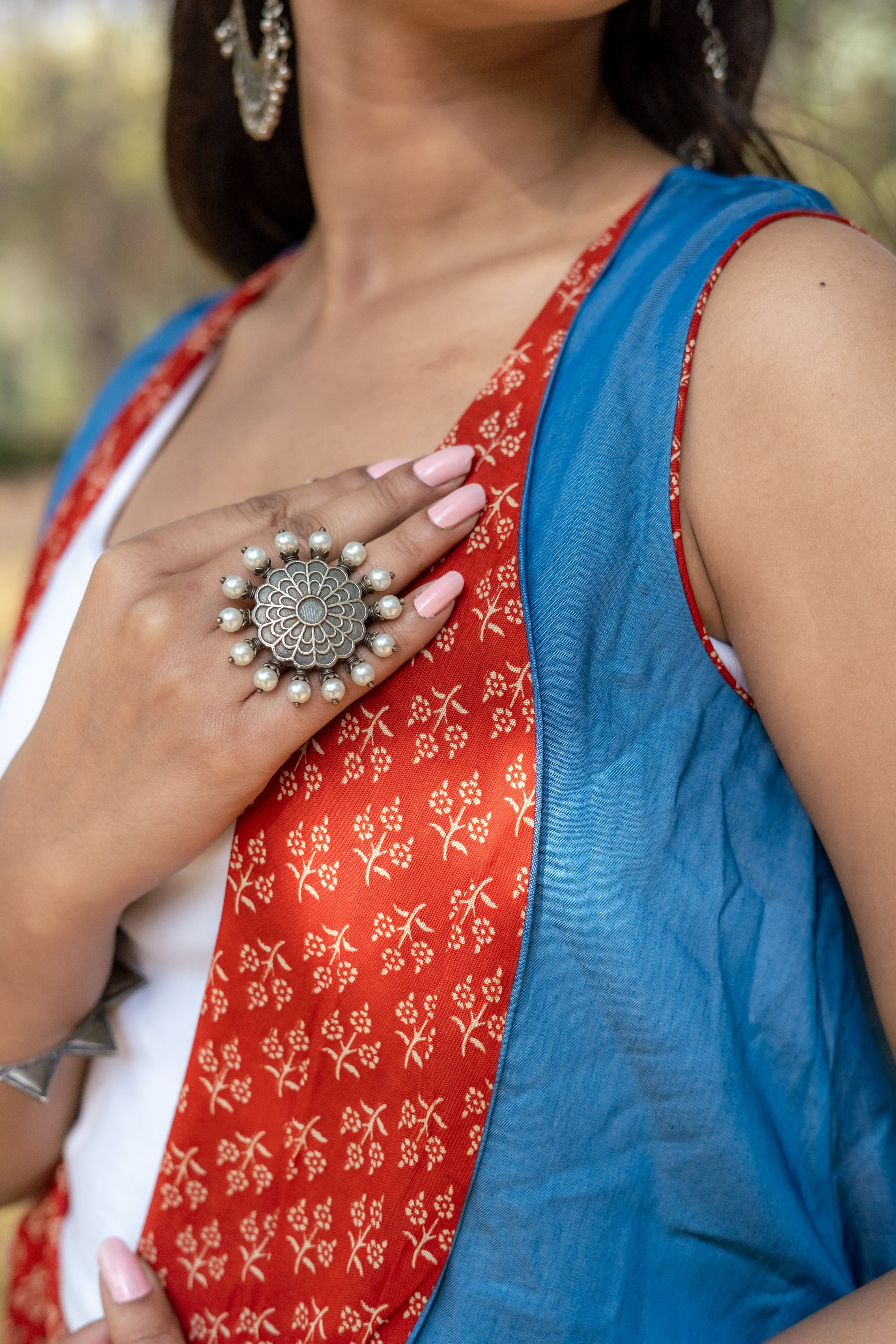 Denim waterfall shrug with red bagru handblock print collar