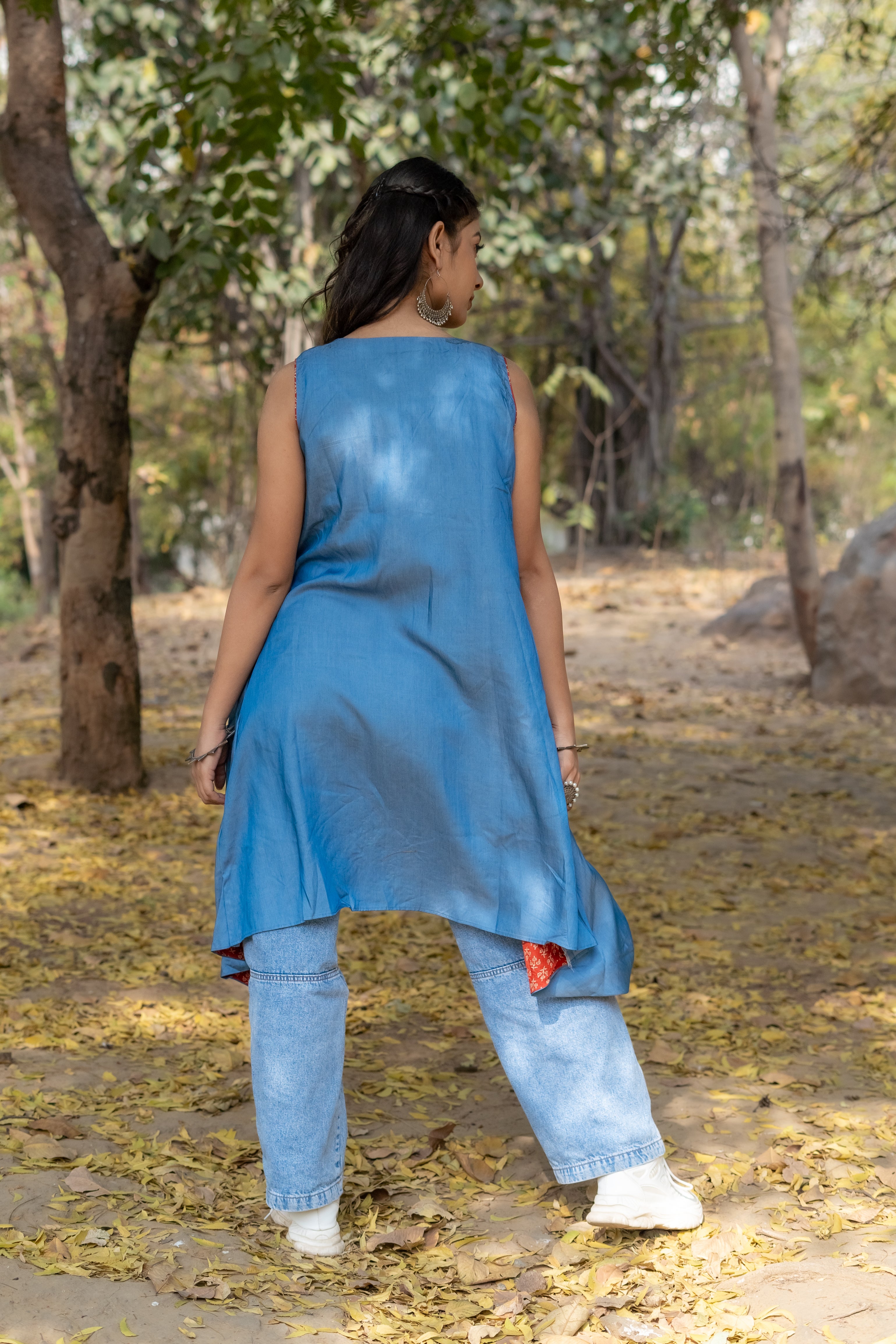 Denim waterfall shrug with red bagru handblock print collar