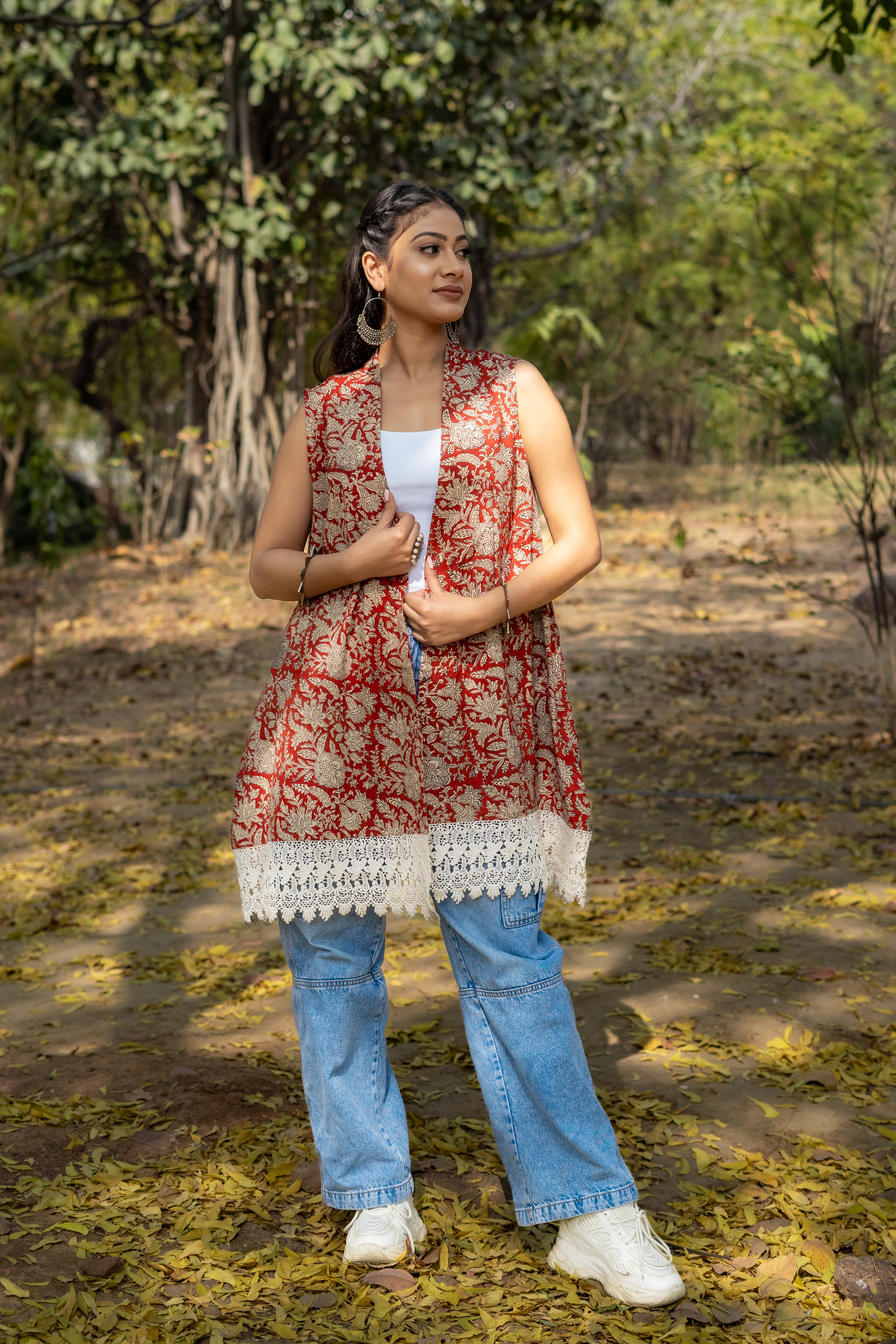 Red bagru handblock print shrug with laces