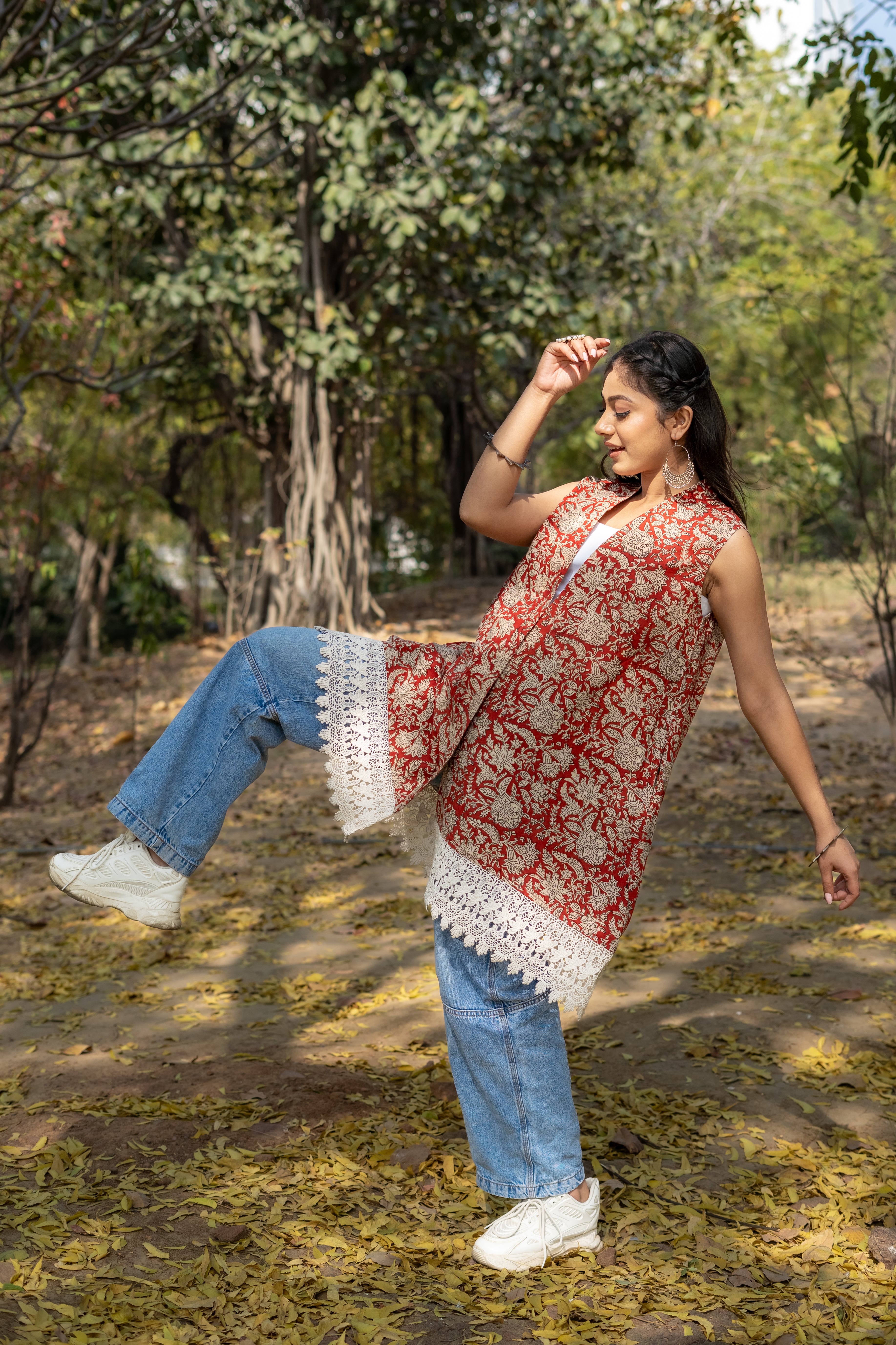Red bagru handblock print shrug with laces