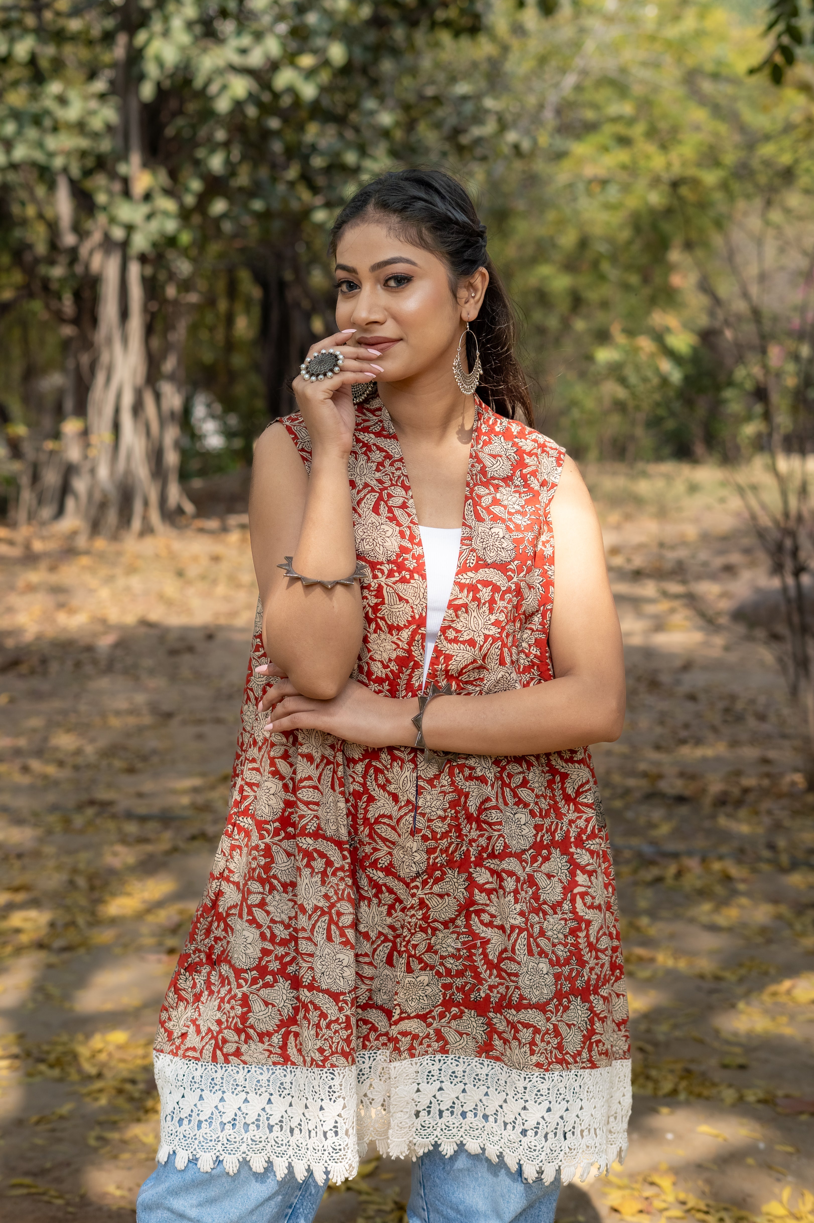 Red bagru handblock print shrug with laces