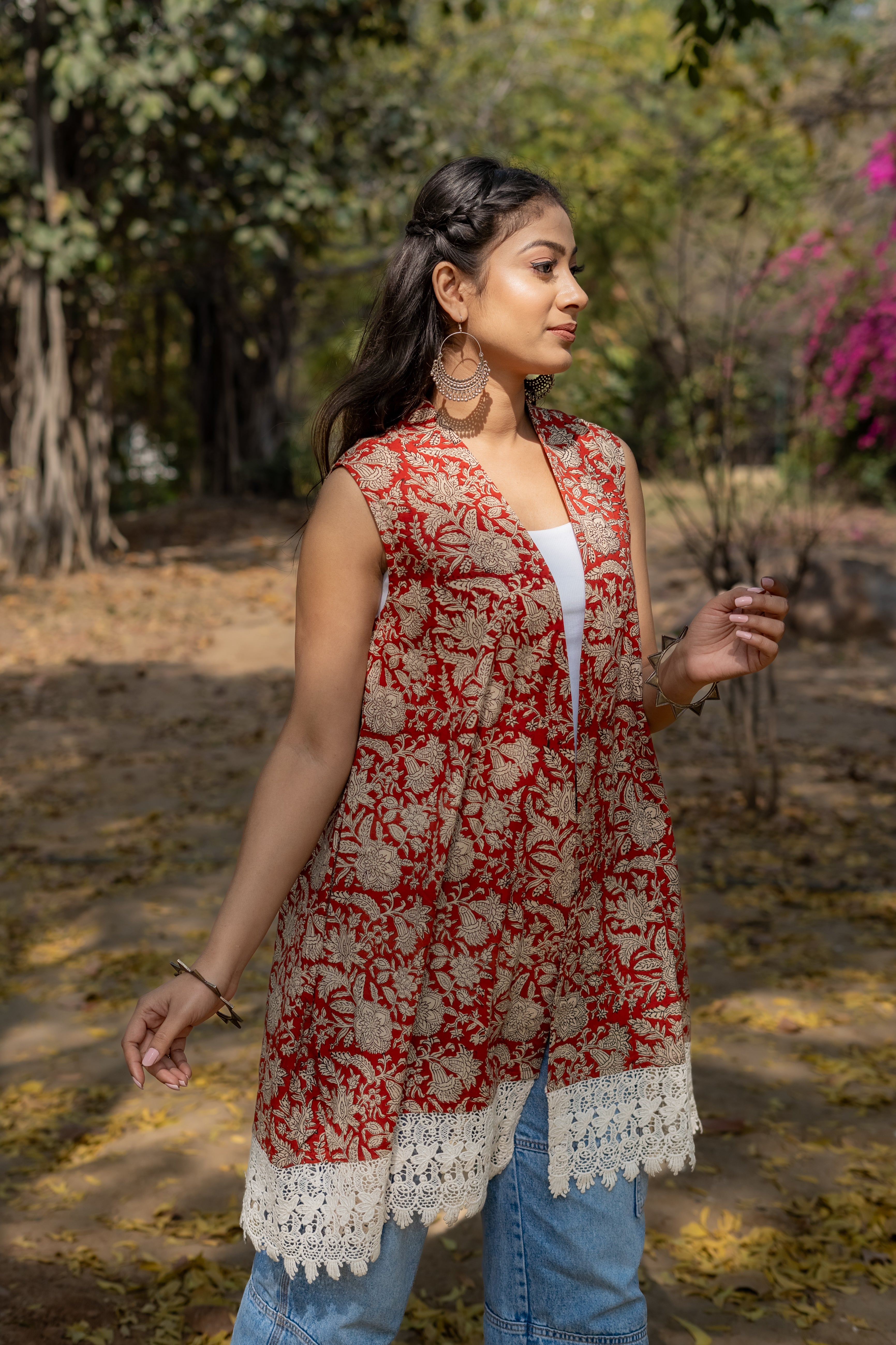 Red bagru handblock print shrug with laces