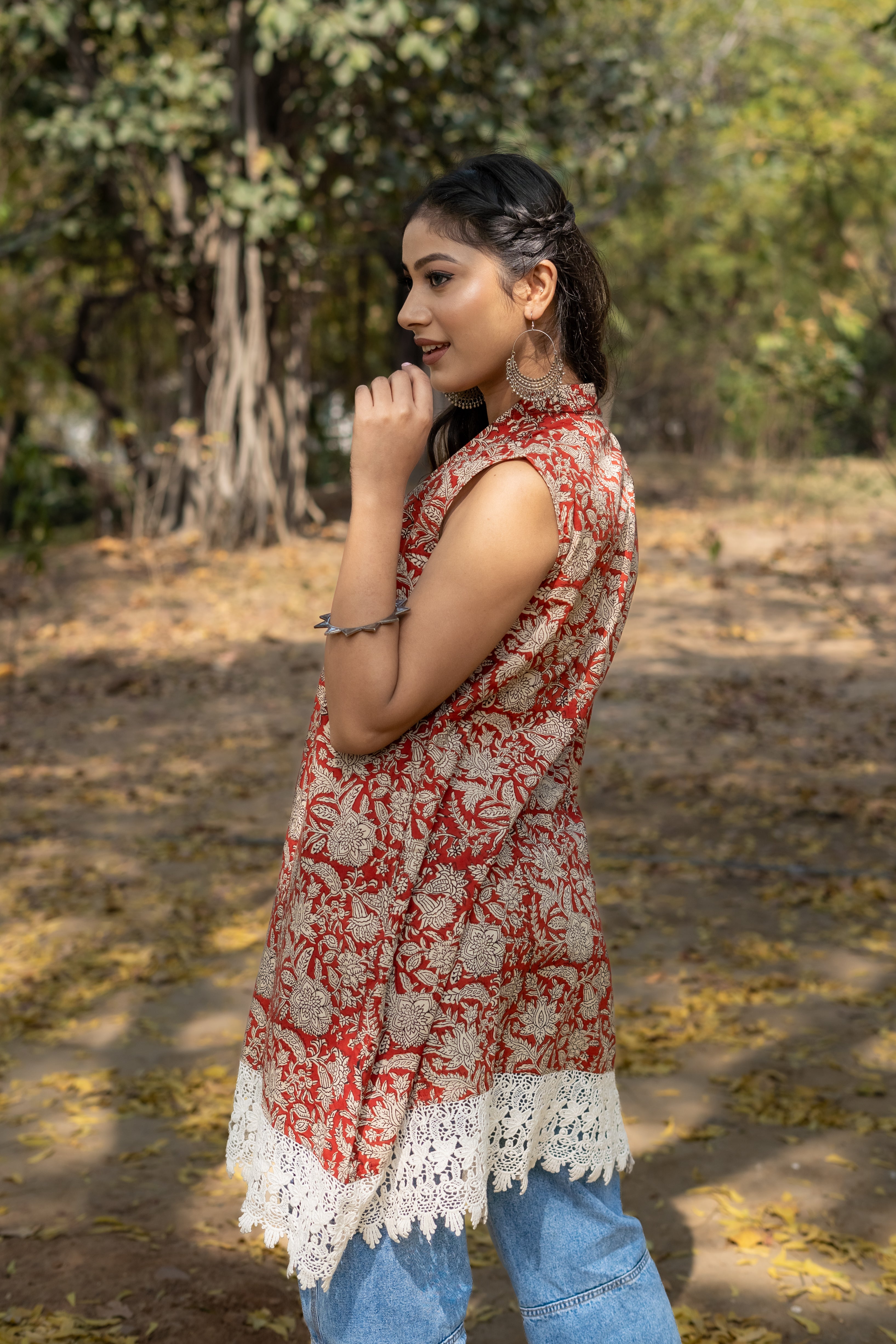 Red bagru handblock print shrug with laces