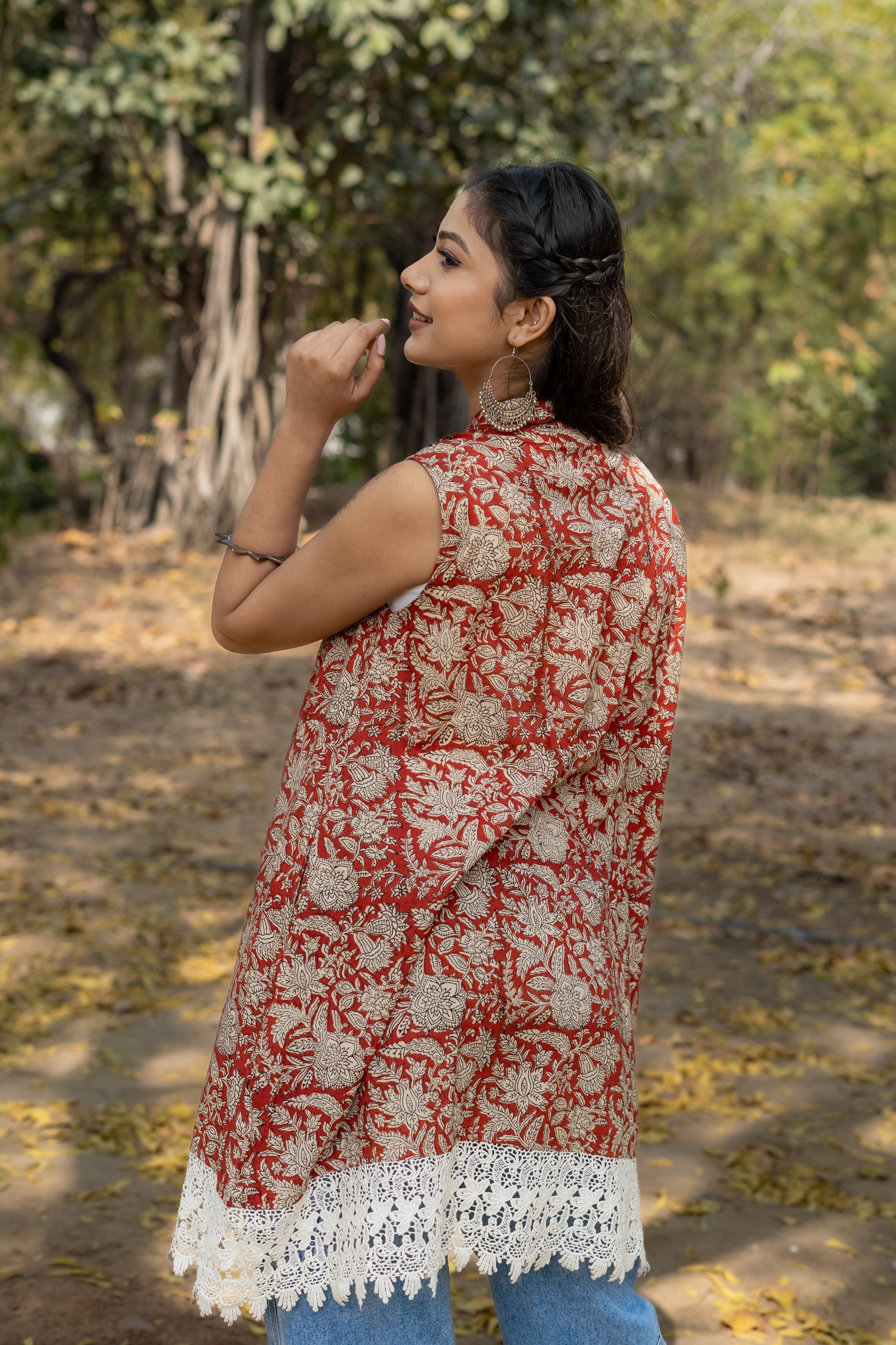 Red bagru handblock print shrug with laces