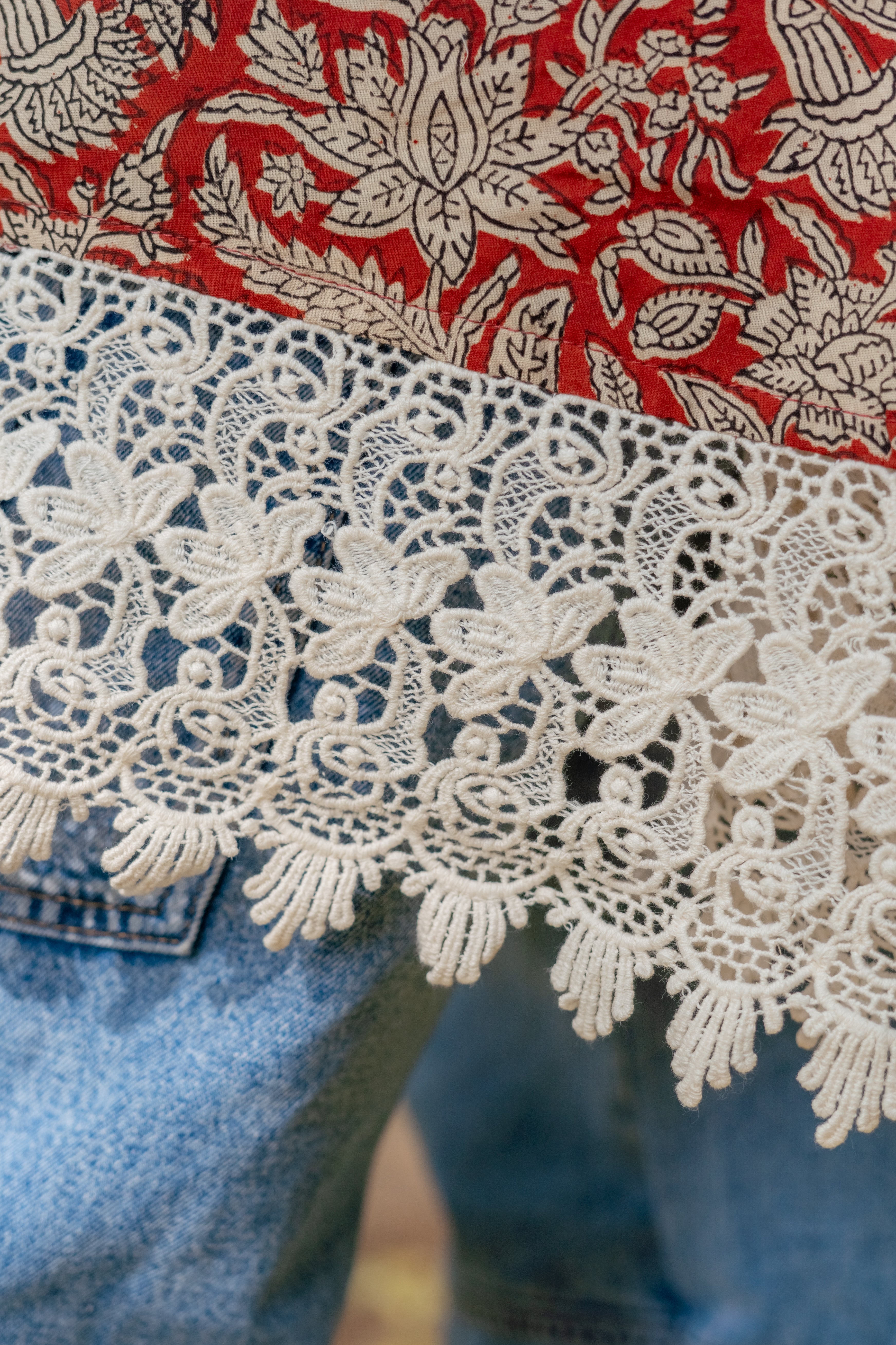 Red bagru handblock print shrug with laces