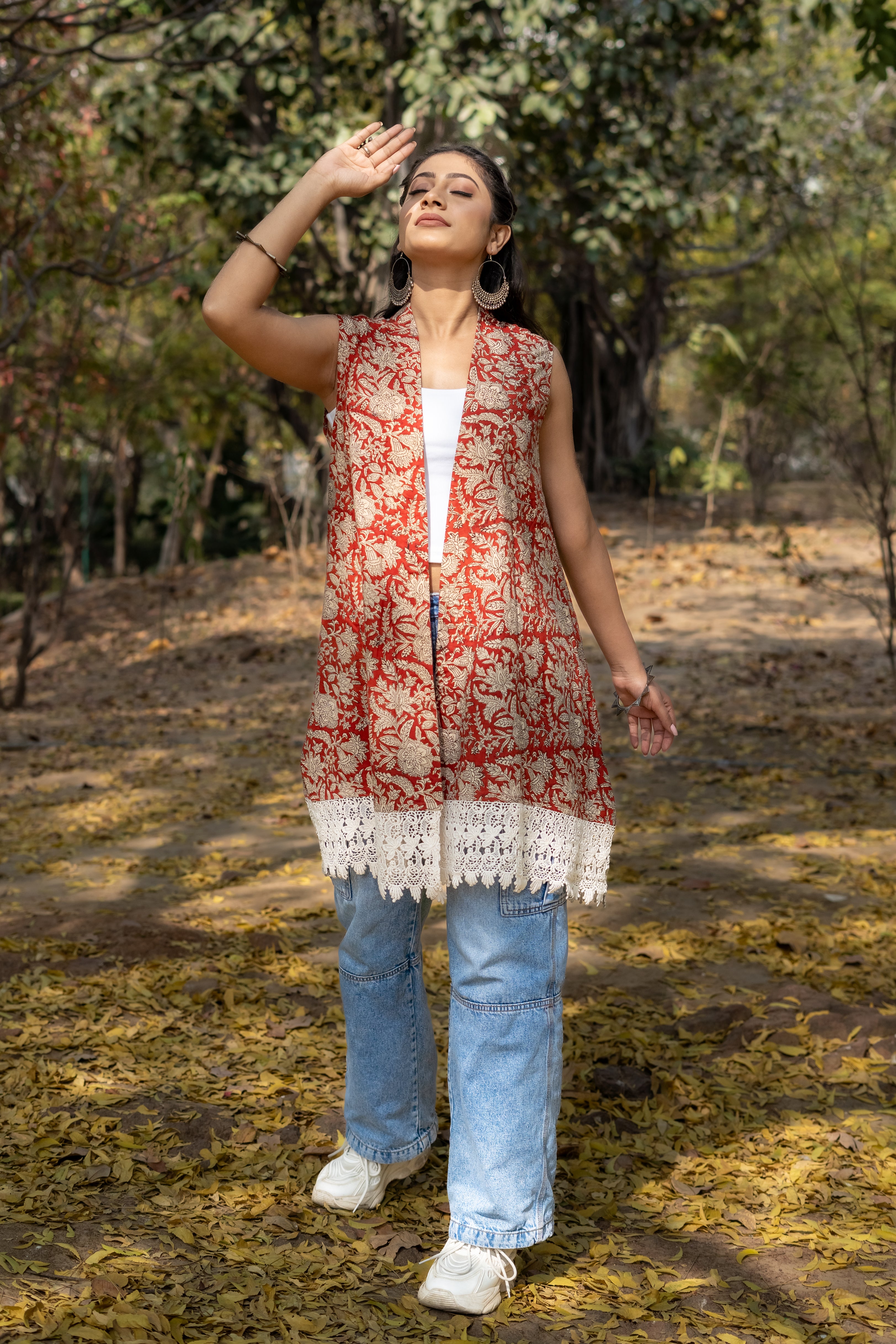 Red bagru handblock print shrug with laces