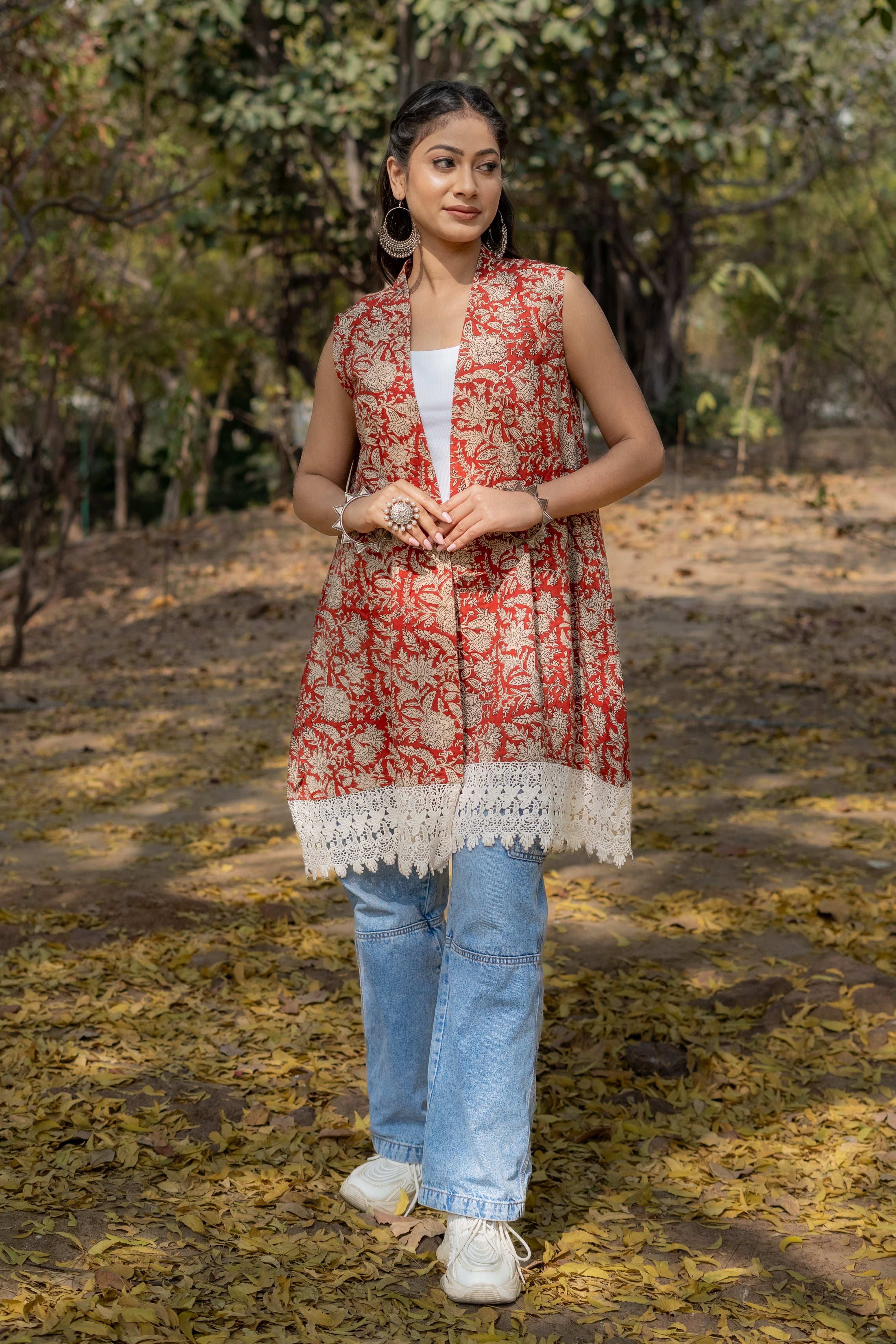 Red bagru handblock print shrug with laces