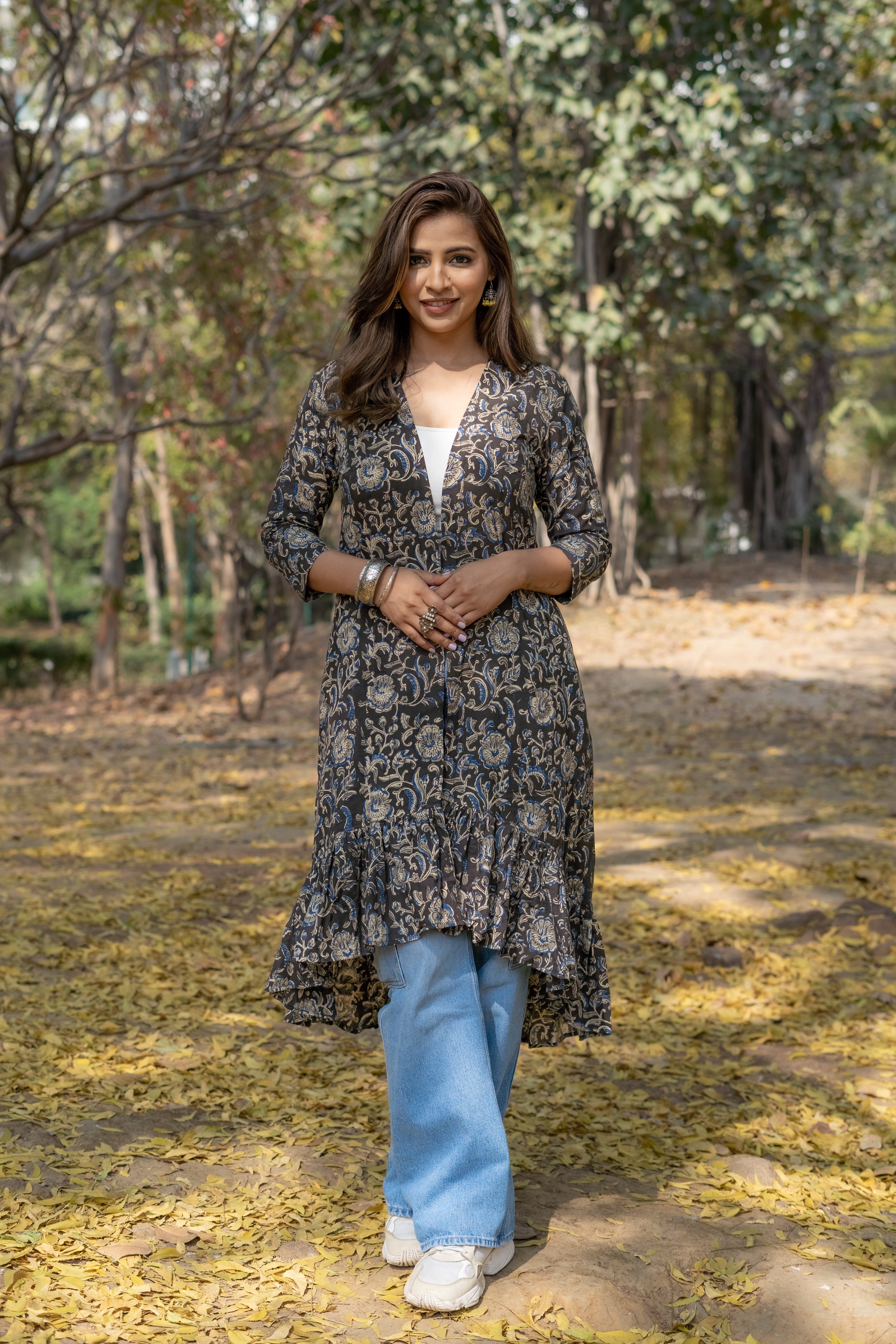 Black kalamkari handblock print hi-lo cotton shrug