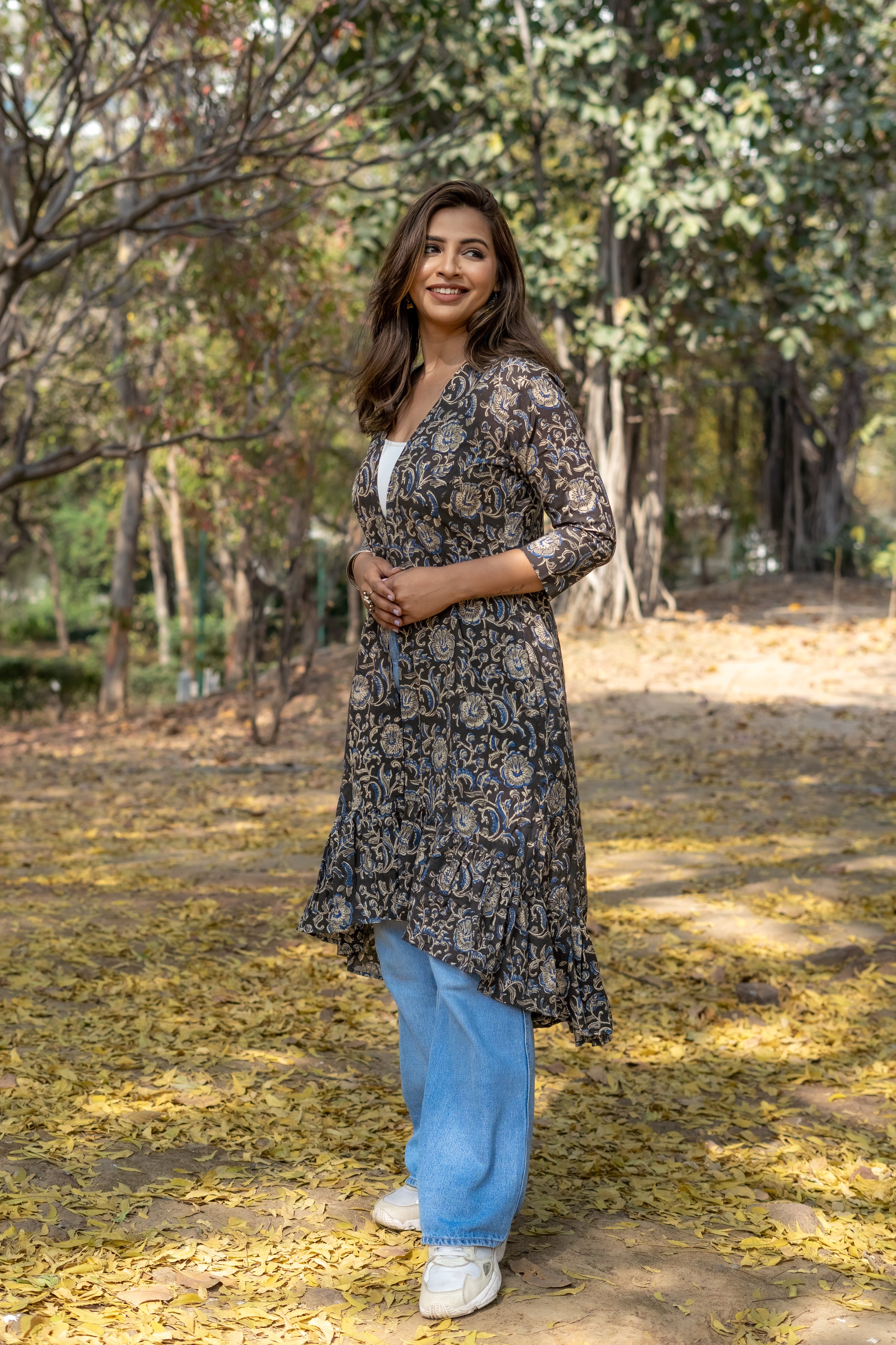 Black kalamkari handblock print hi-lo cotton shrug