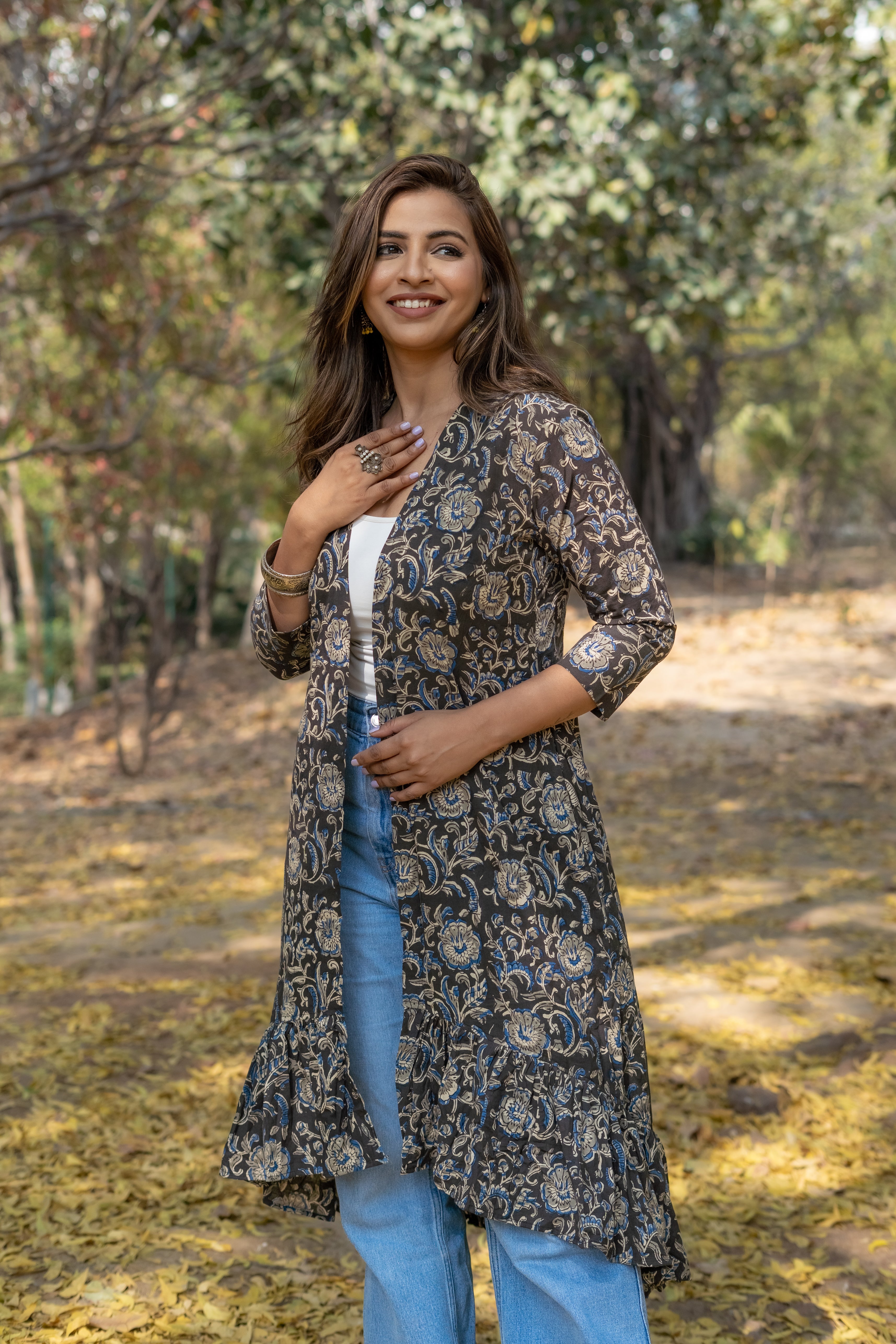 Black kalamkari handblock print hi-lo cotton shrug
