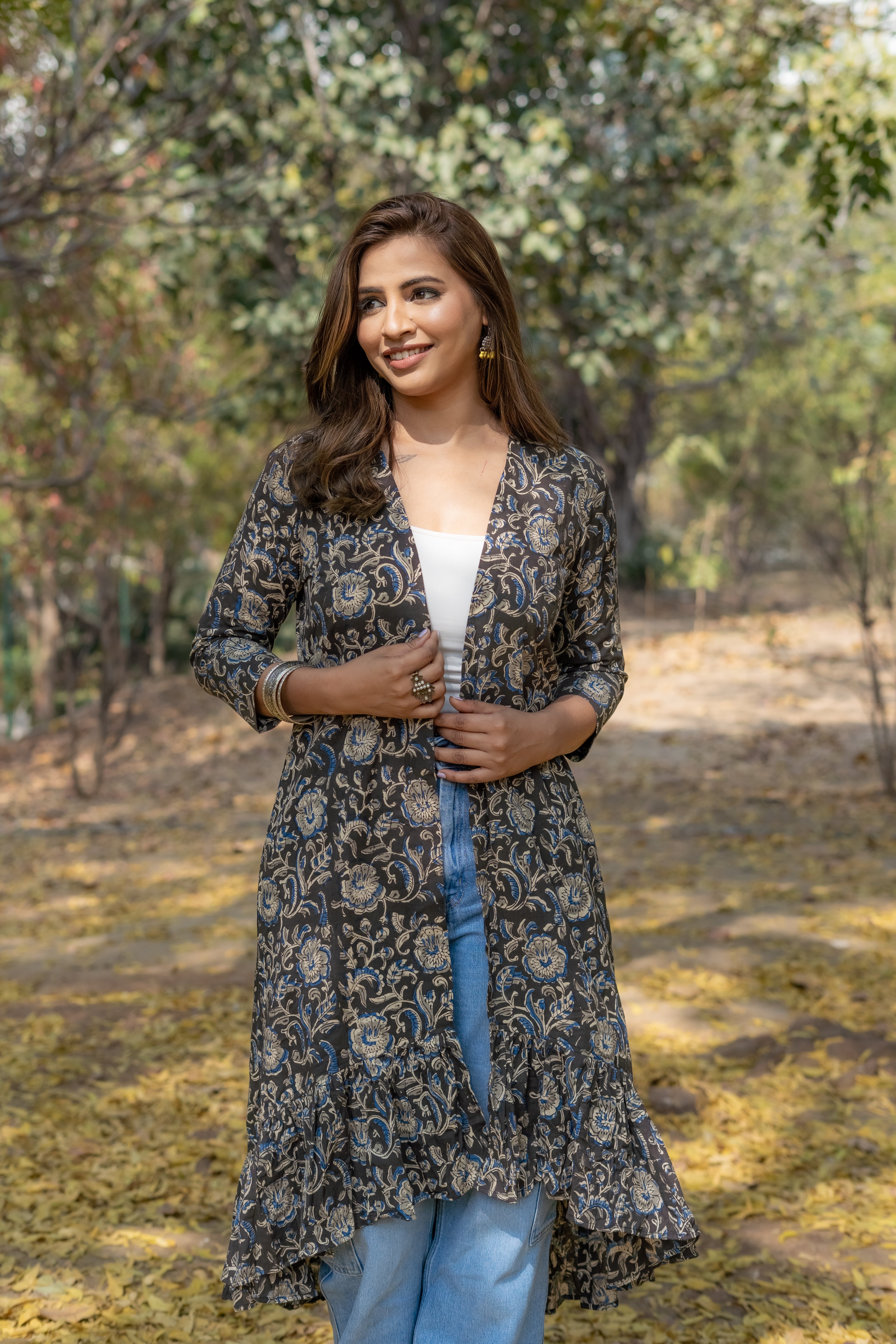 Black kalamkari handblock print hi-lo cotton shrug