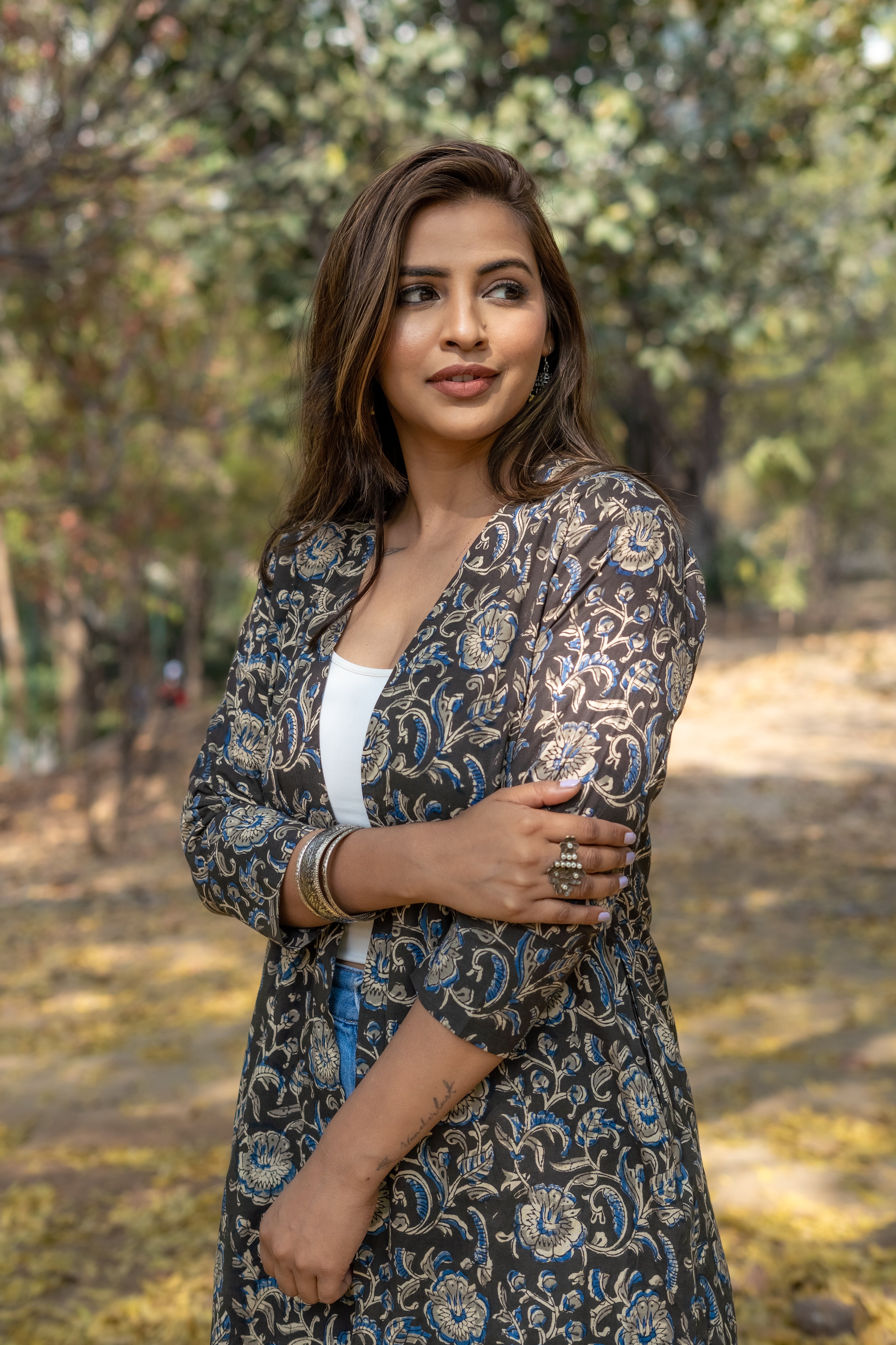 Black kalamkari handblock print hi-lo cotton shrug