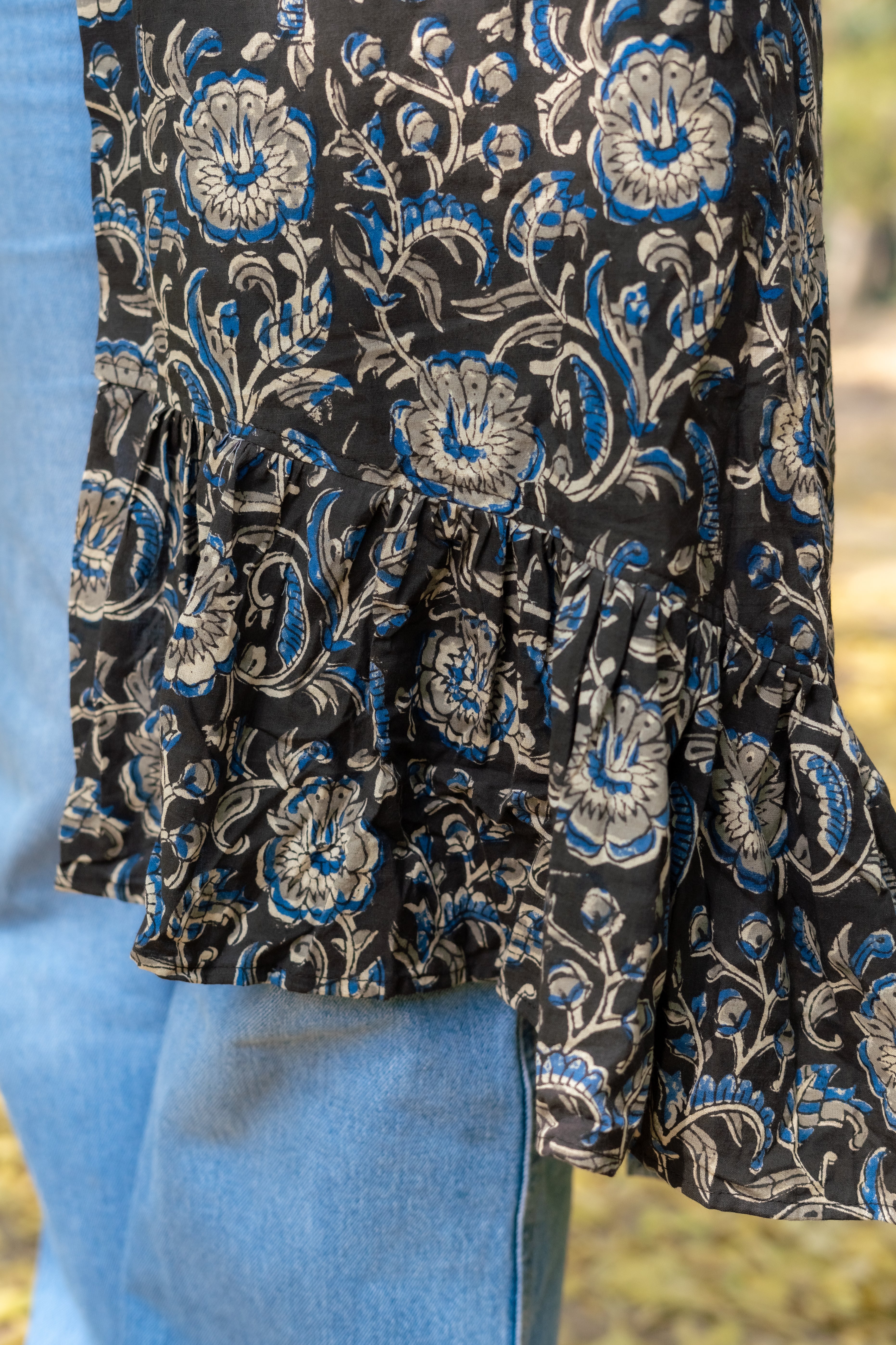 Black kalamkari handblock print hi-lo cotton shrug
