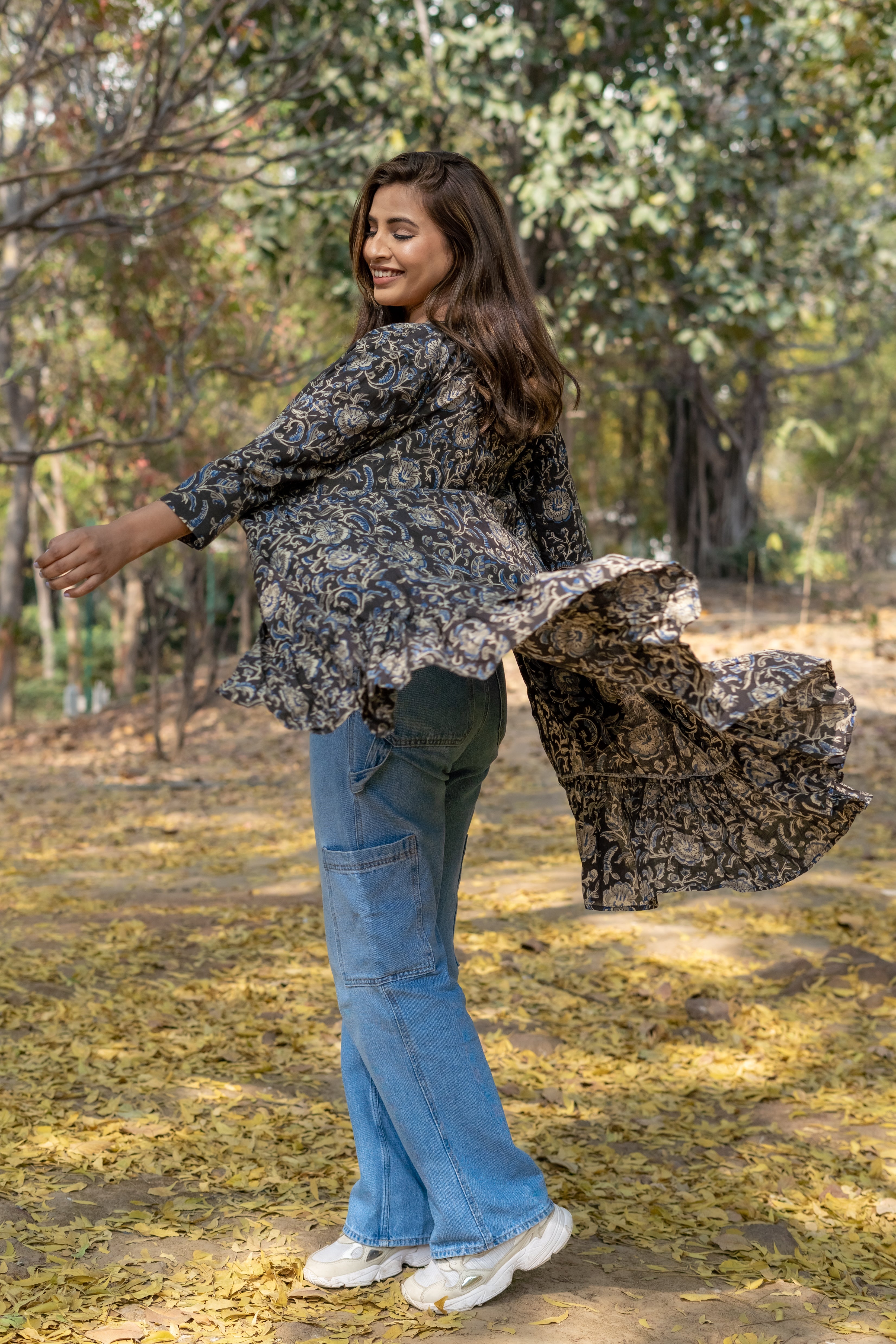 Black kalamkari handblock print hi-lo cotton shrug