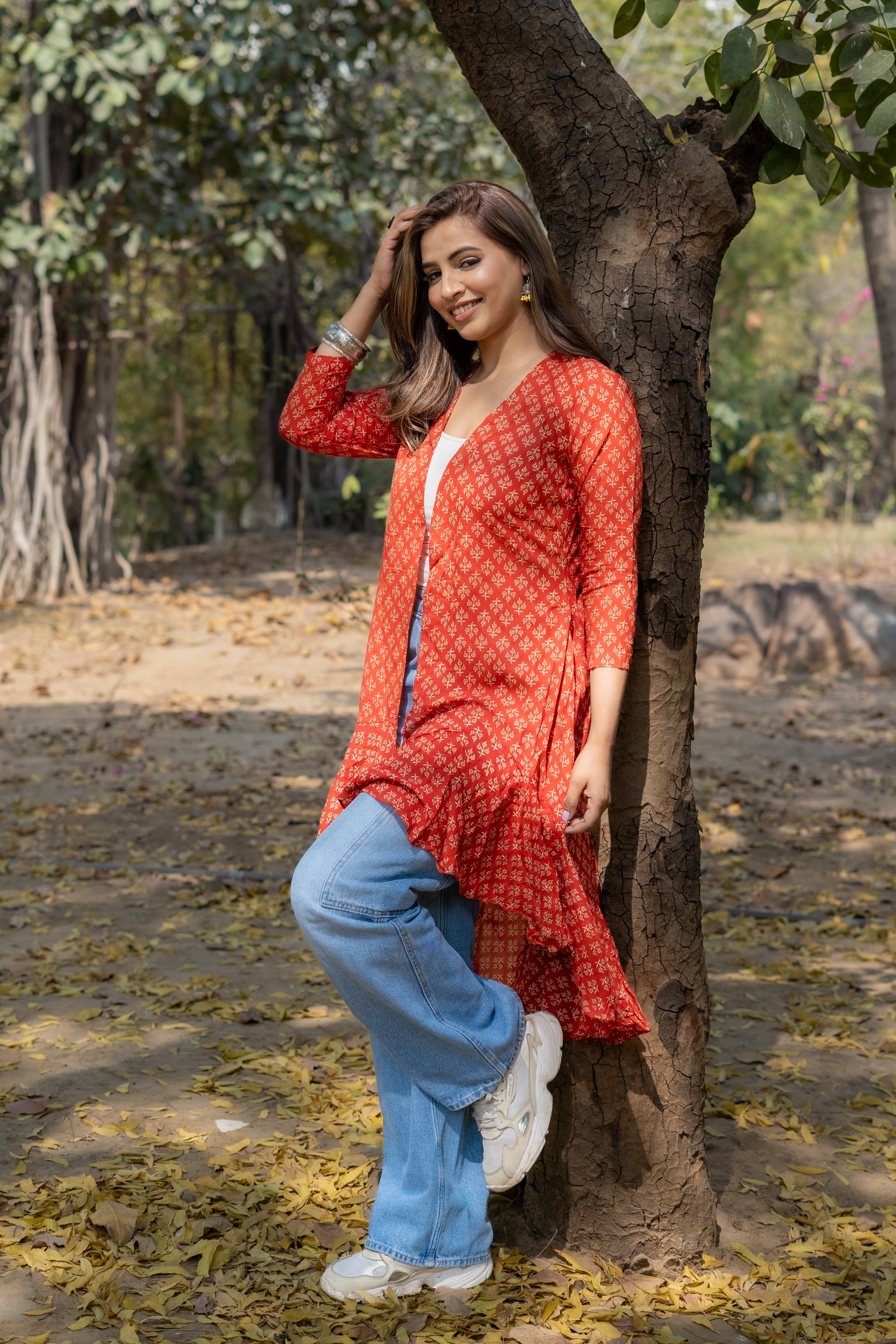 Red bagru handblock print modal cotton hi-lo shrug