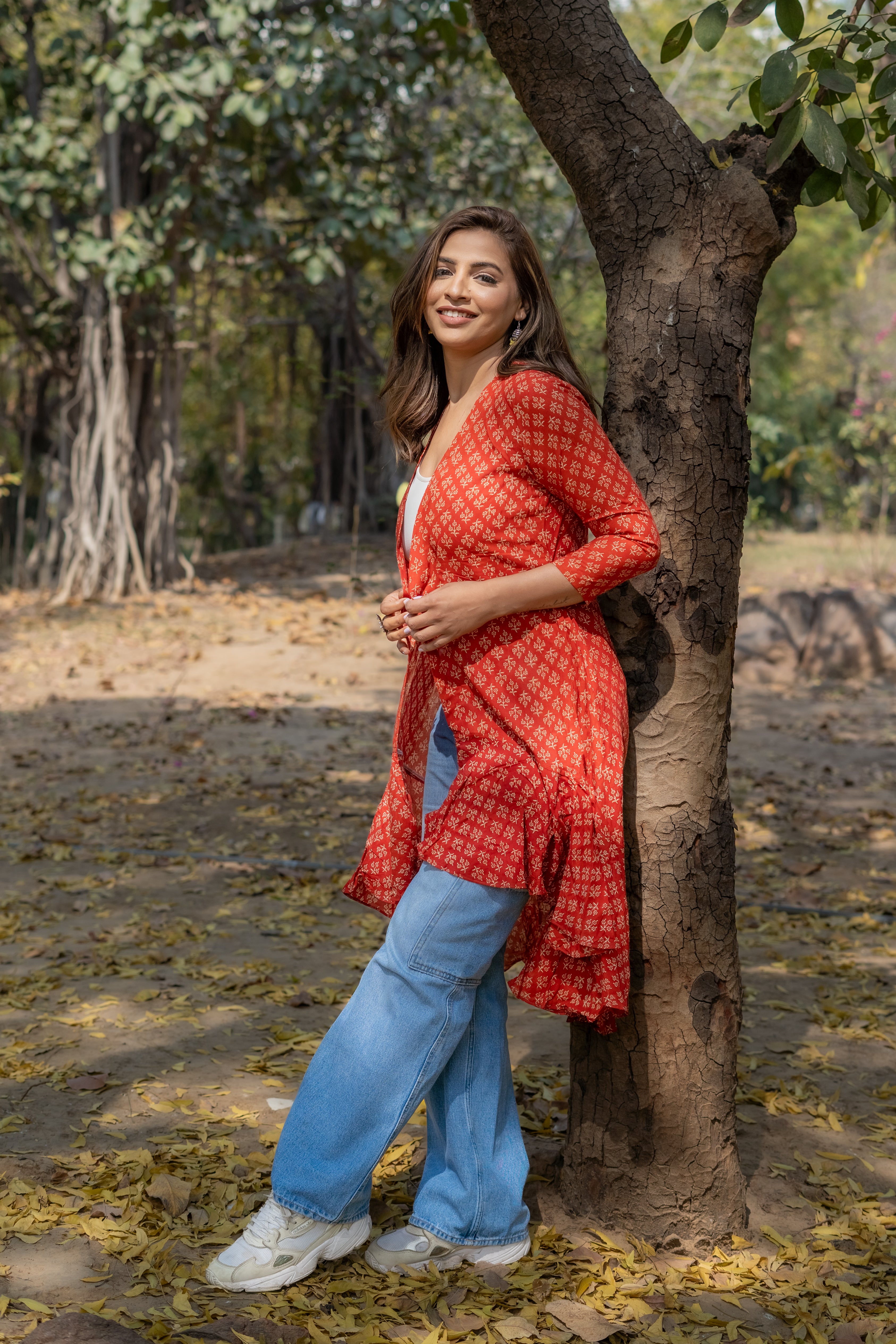 Red bagru handblock print modal cotton hi-lo shrug