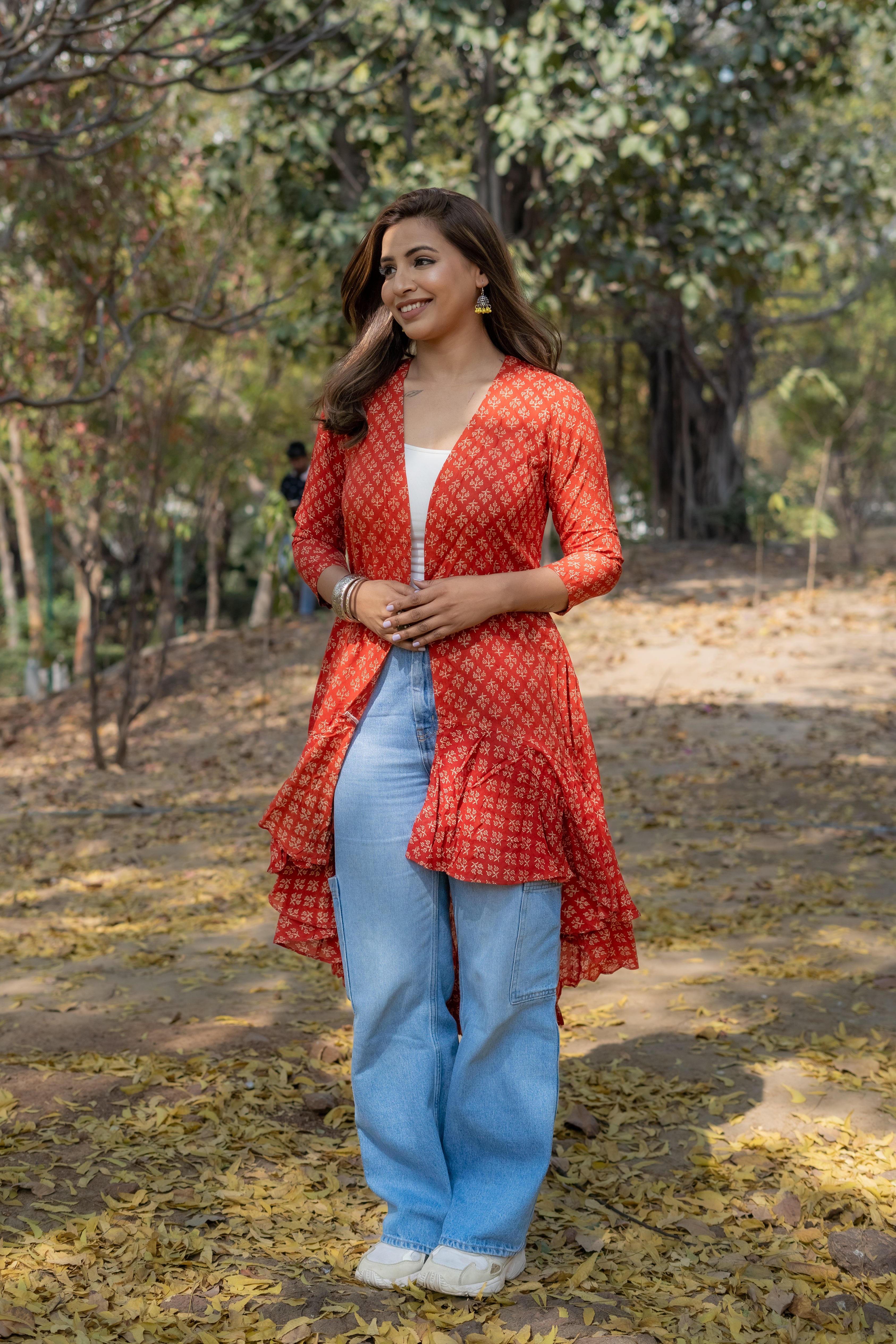 Red bagru handblock print modal cotton hi-lo shrug