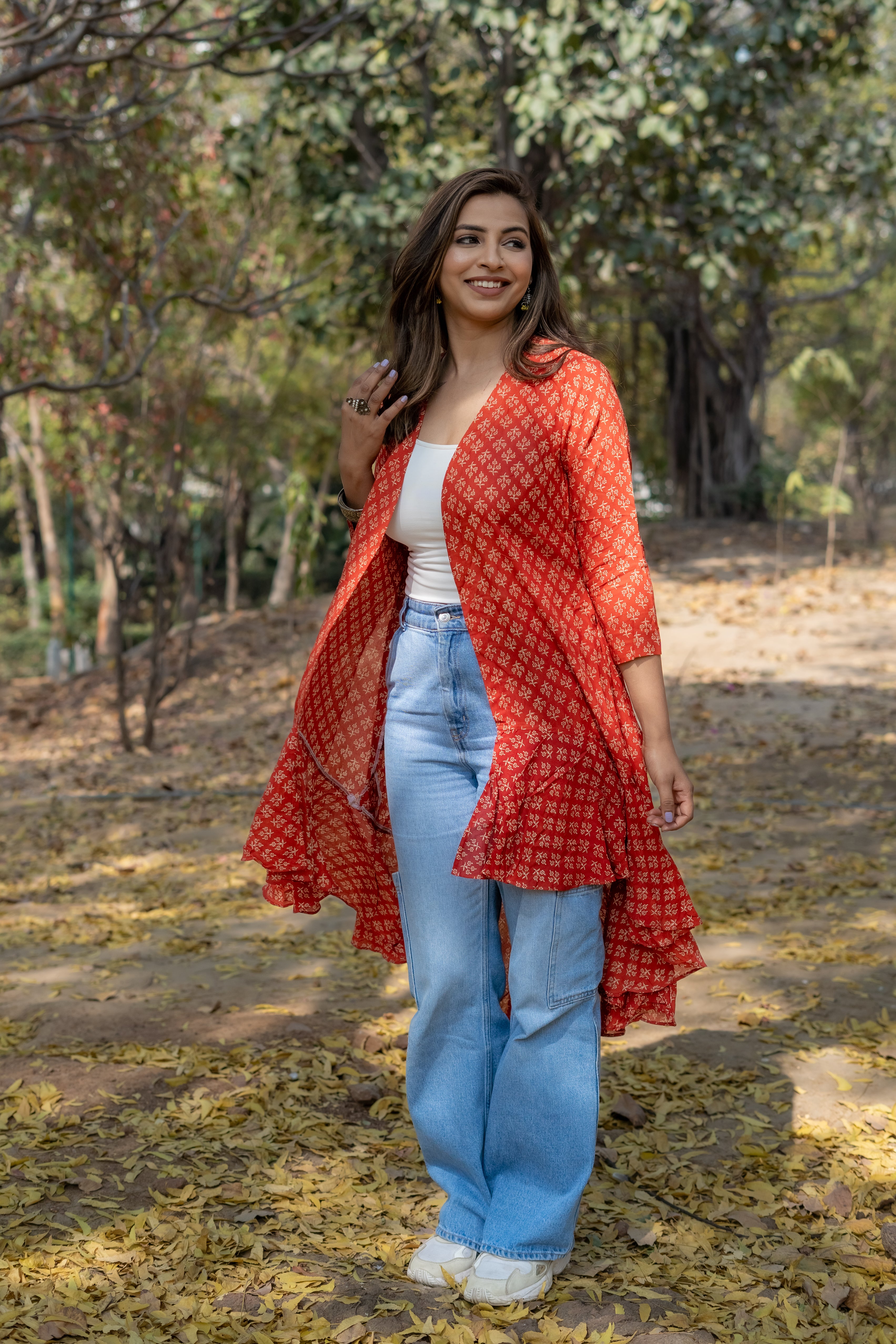 Red bagru handblock print modal cotton hi-lo shrug