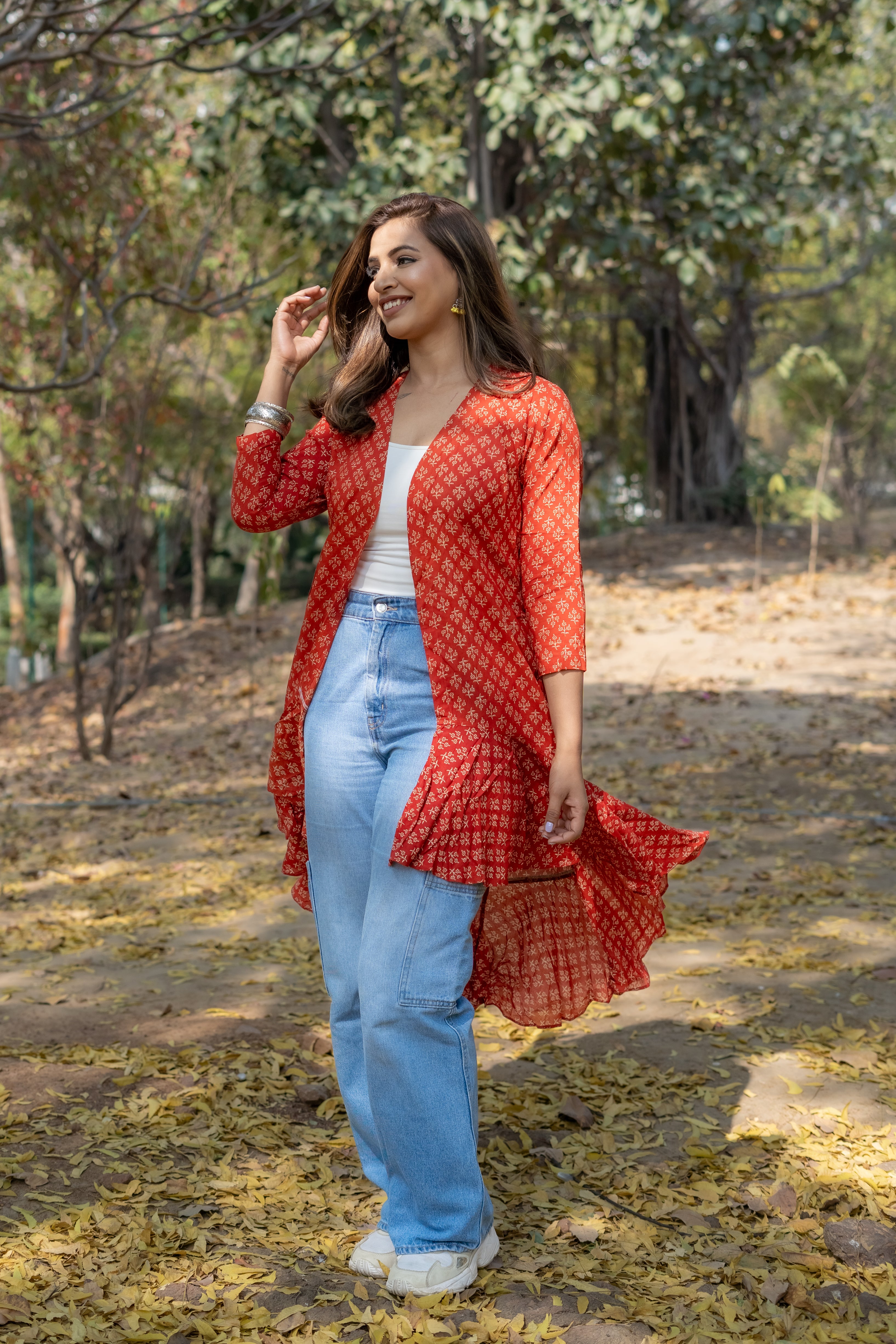 Red bagru handblock print modal cotton hi-lo shrug