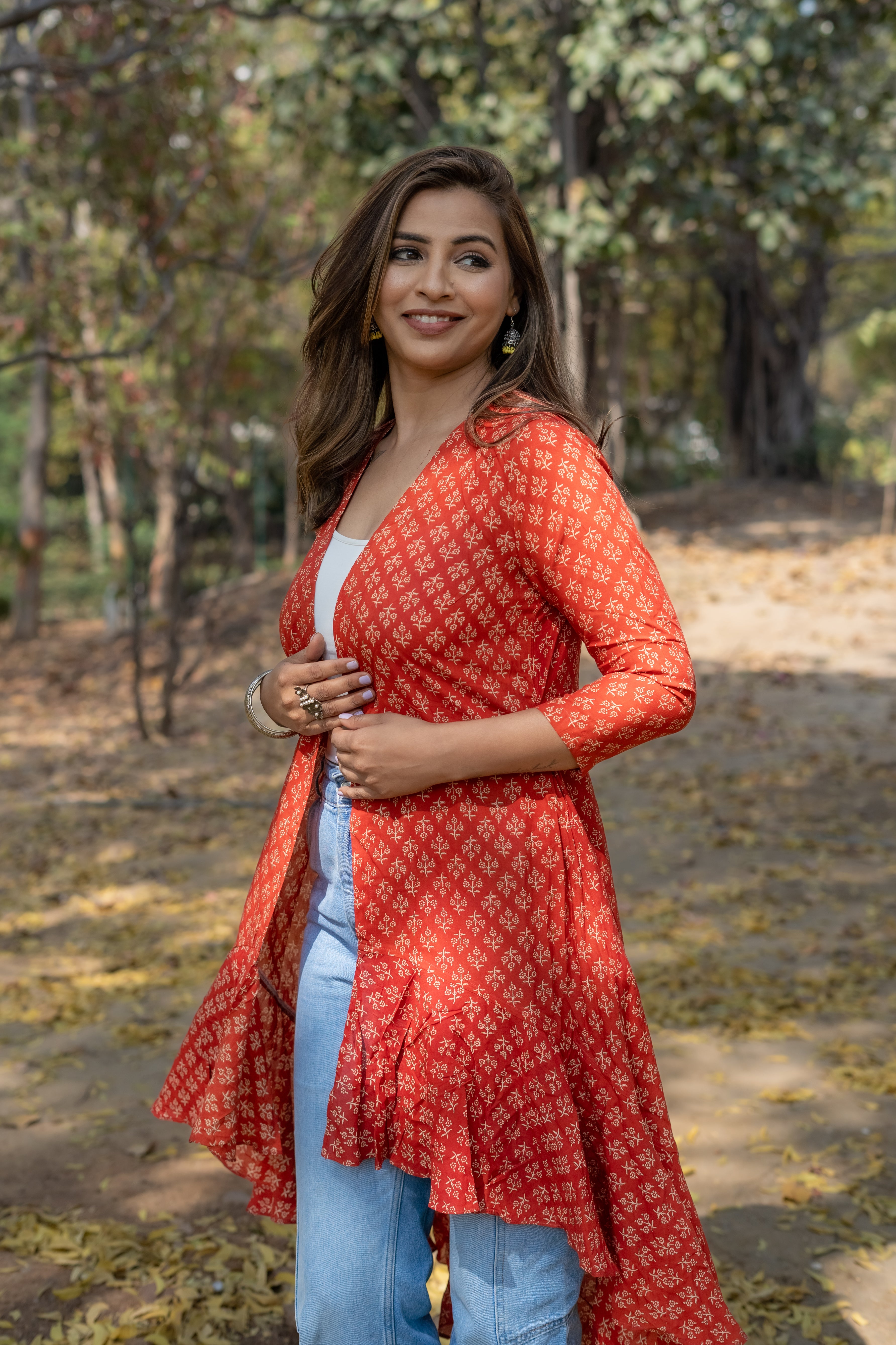 Red bagru handblock print modal cotton hi-lo shrug